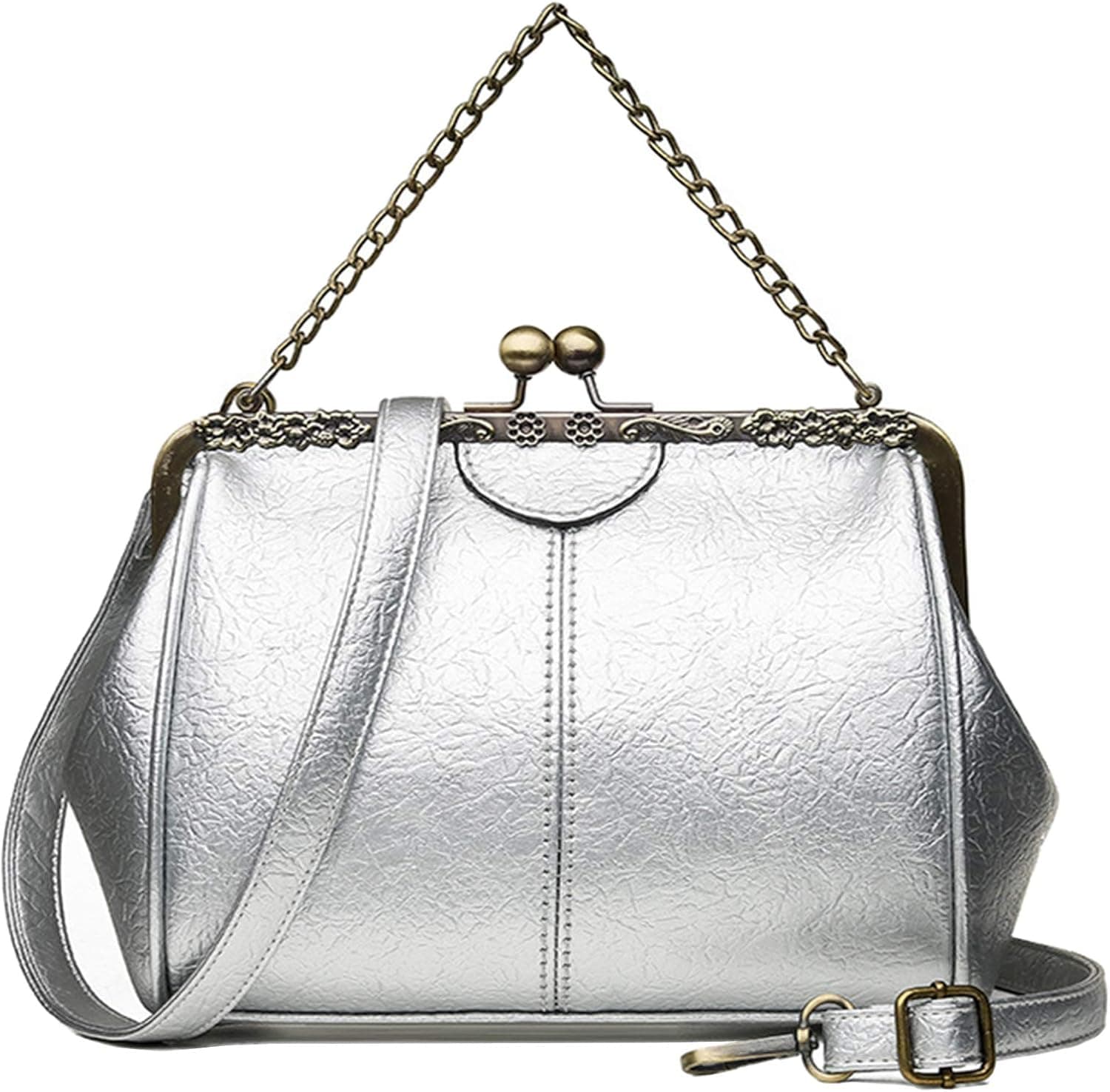 Women Small Retro Kiss Lock Handbag PU Leather Hollow Tote Purses Satchels Chain