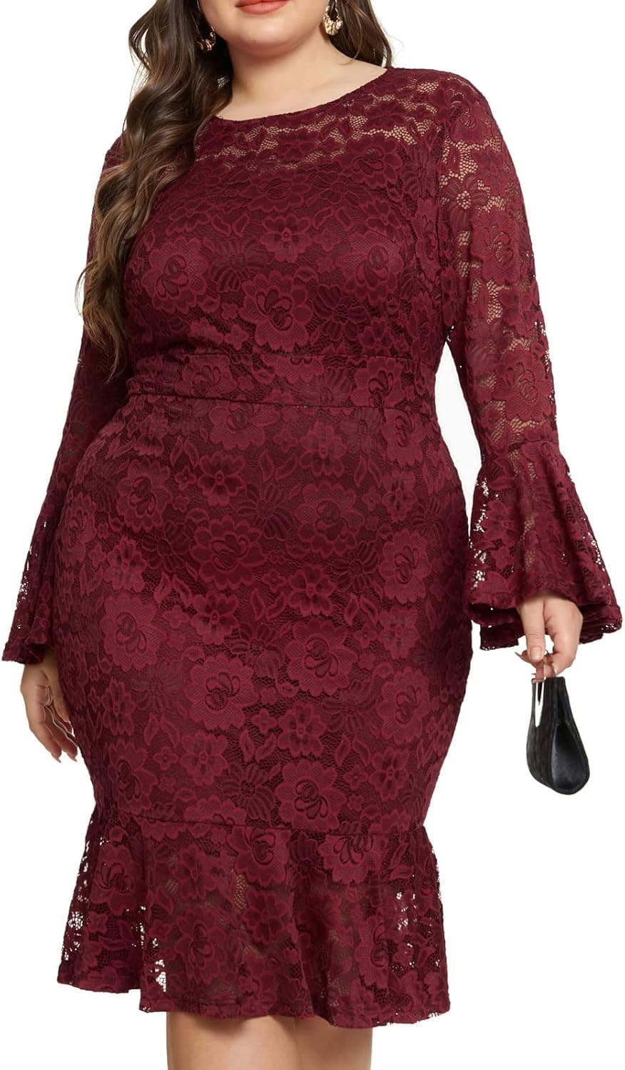 Hanna Nikole Elegant Fishtail Dress for Women Plus Size Bell Sleeve Floral Lace Cocktail Party Dresses