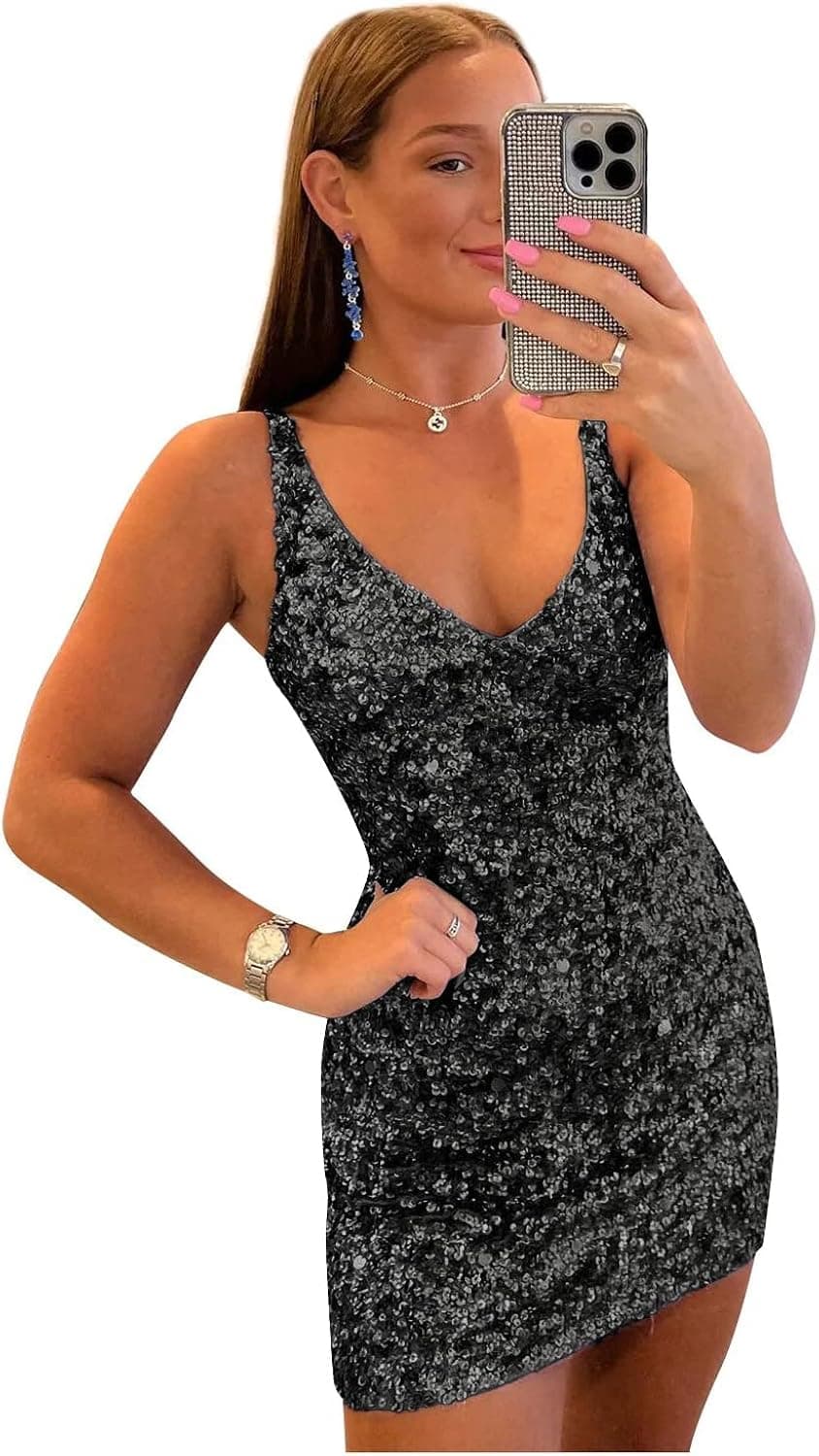 YORFORMALS Short Sequin Homecoming Dresses for Juniors 2023 V-Neck Sparkly Formal Prom Party Gown