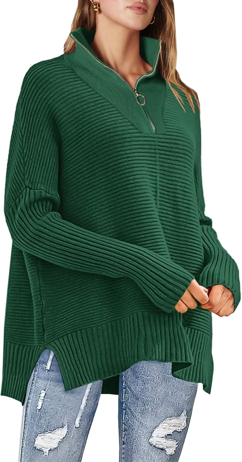 ANRABESS Womens 1/4 Zipper Long Sleeve V Neck Collar Casual Oversized Ribbed Knit Pullover Tunic Sweater with Slit