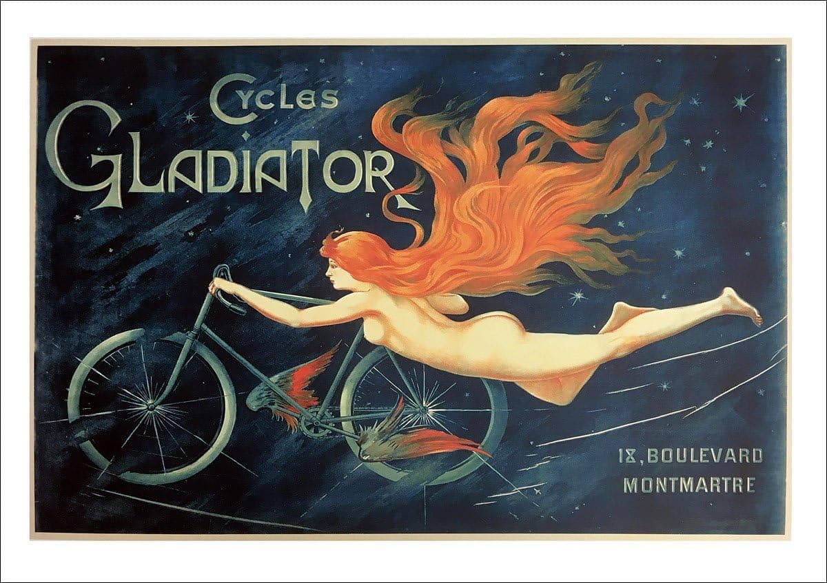 Vintage French Flying Bicycle "Cycles Gladiator" Print Poster - Nude, Redhead (34.38"x23.88")