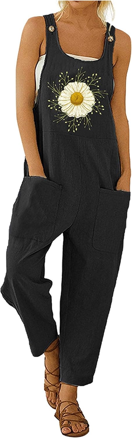 Tanming Women's Casual Floral Overalls Cotton Linen Jumpsuits Rompers (Black-L)