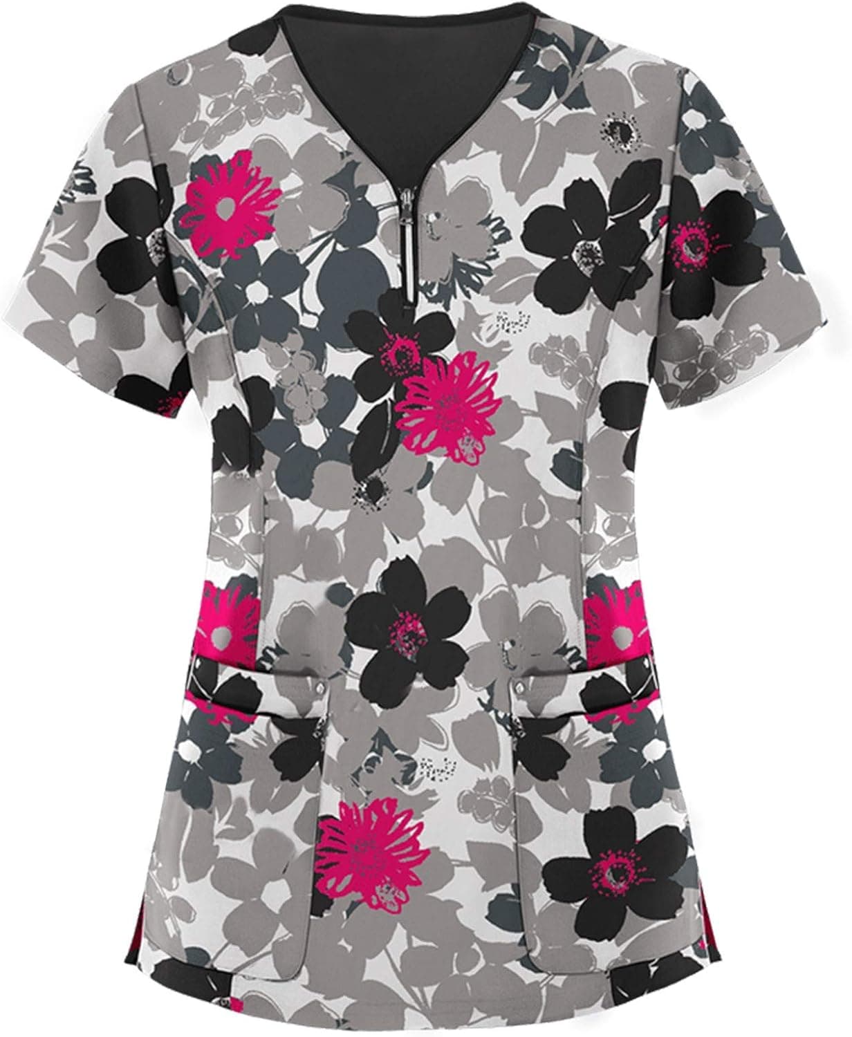 Women Top Print V-Neck Short Sleeve Tops Pocket Shirt Working Uniform Blouse