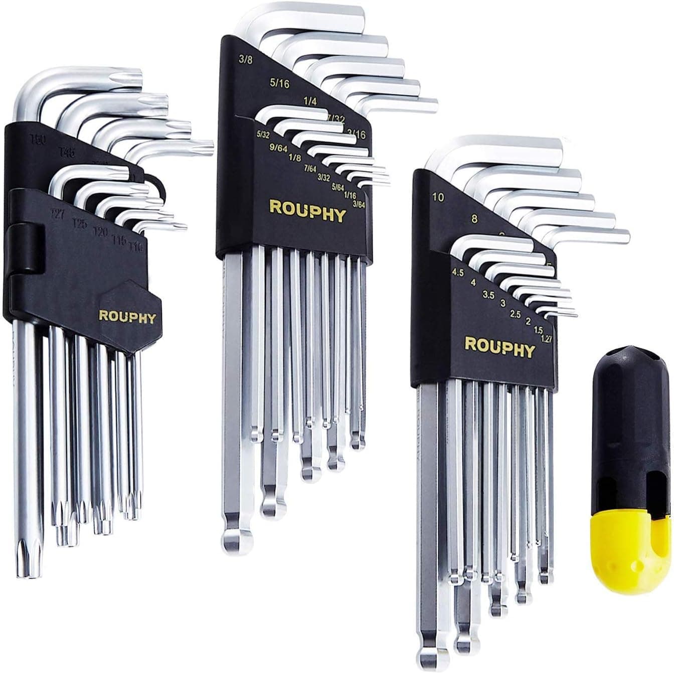 ROUPHY Long Arm Hex Key Allen Wrench Set with Ball & Star End, Inch/Metric, S2 Tool Steel, T-Handle, 35-Piece
