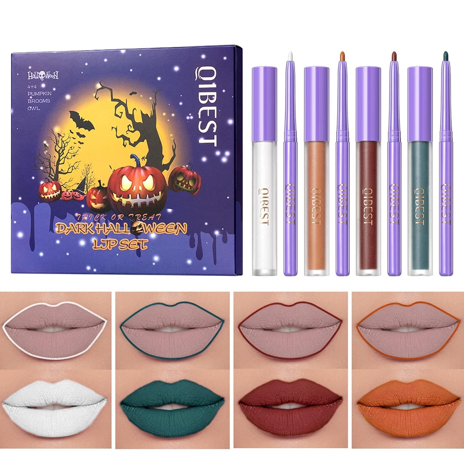Sitovely 8 Pcs Velvety Matte Lip Liner and Lipstick Set, Non-Stick Cup Waterproof Nude Lip Gloss Vampire Red Lip Stain, Witch Lipstick Black Lip Stick for Halloween, Holiday, Cosplay Party (Color B)