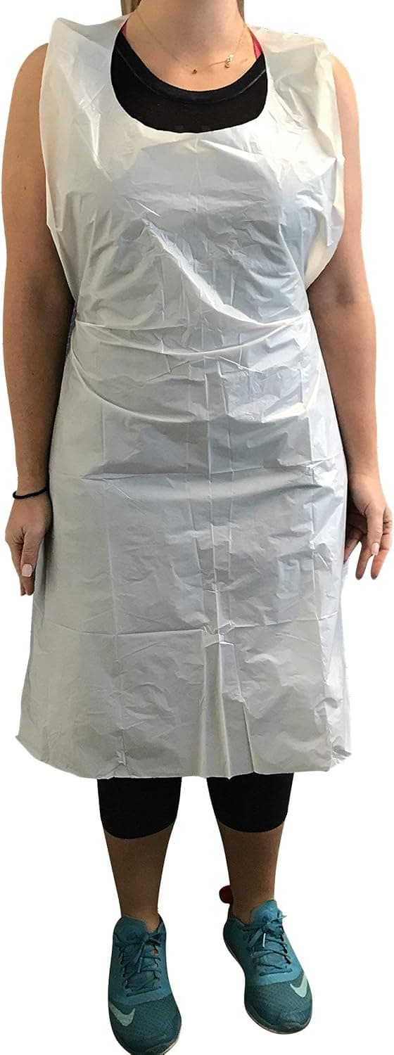 KingSeal Bib Style Disposable Poly Aprons, 28 by 46 Inches, Box of 100 Aprons, White