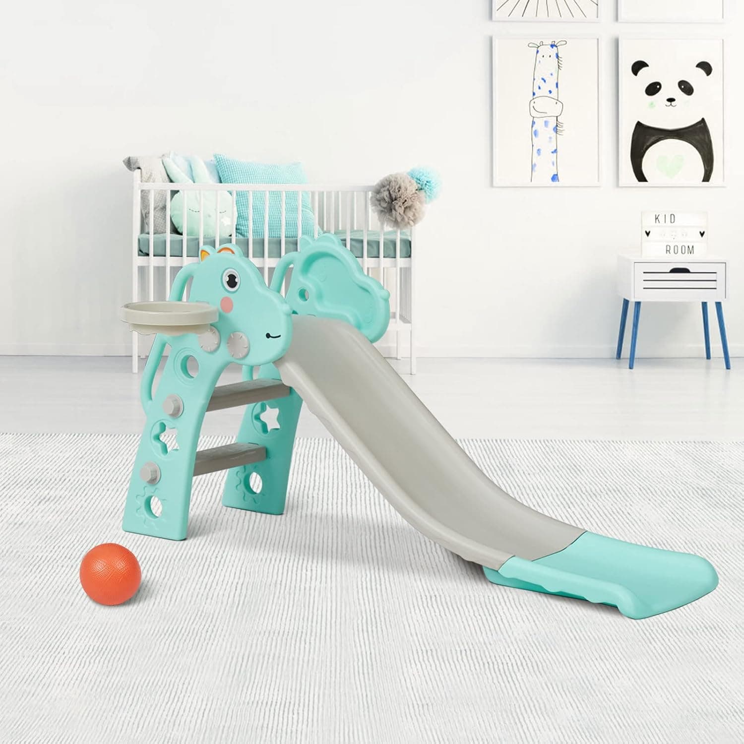 Elepude 3 in 1 Toddler Slide,Kids Slide for Toddlers Age 1-3,Indoor and Outdoor Freestanding Baby Slide Climber Playset w/Basketball Hoop and Ball,Green