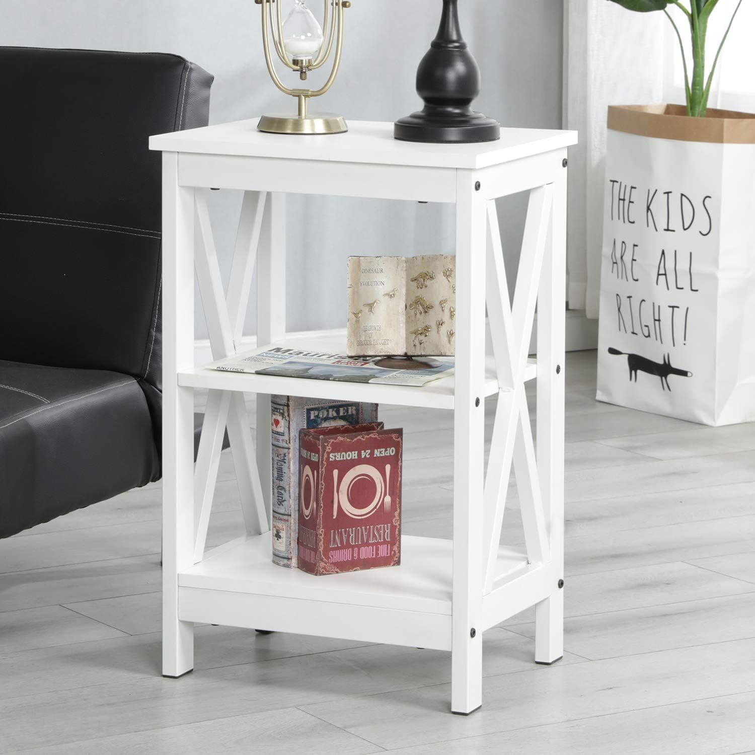SogesPower End Table 3-Tier Shelf Side Table Coffee Table Night Stand with Storage Shelf for Living Room, White SPDX-240A-W