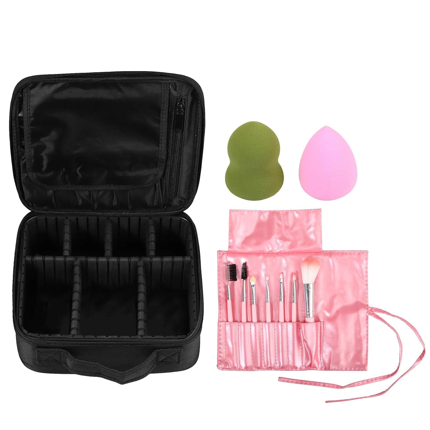 Tanice Cosmetic Bag Travel Makeup Bag Adjustable Dividers with 7PCS Makeup Brushes and 2PCS Makeup Sponges for Cosmetics Make Up Tools Jewelry