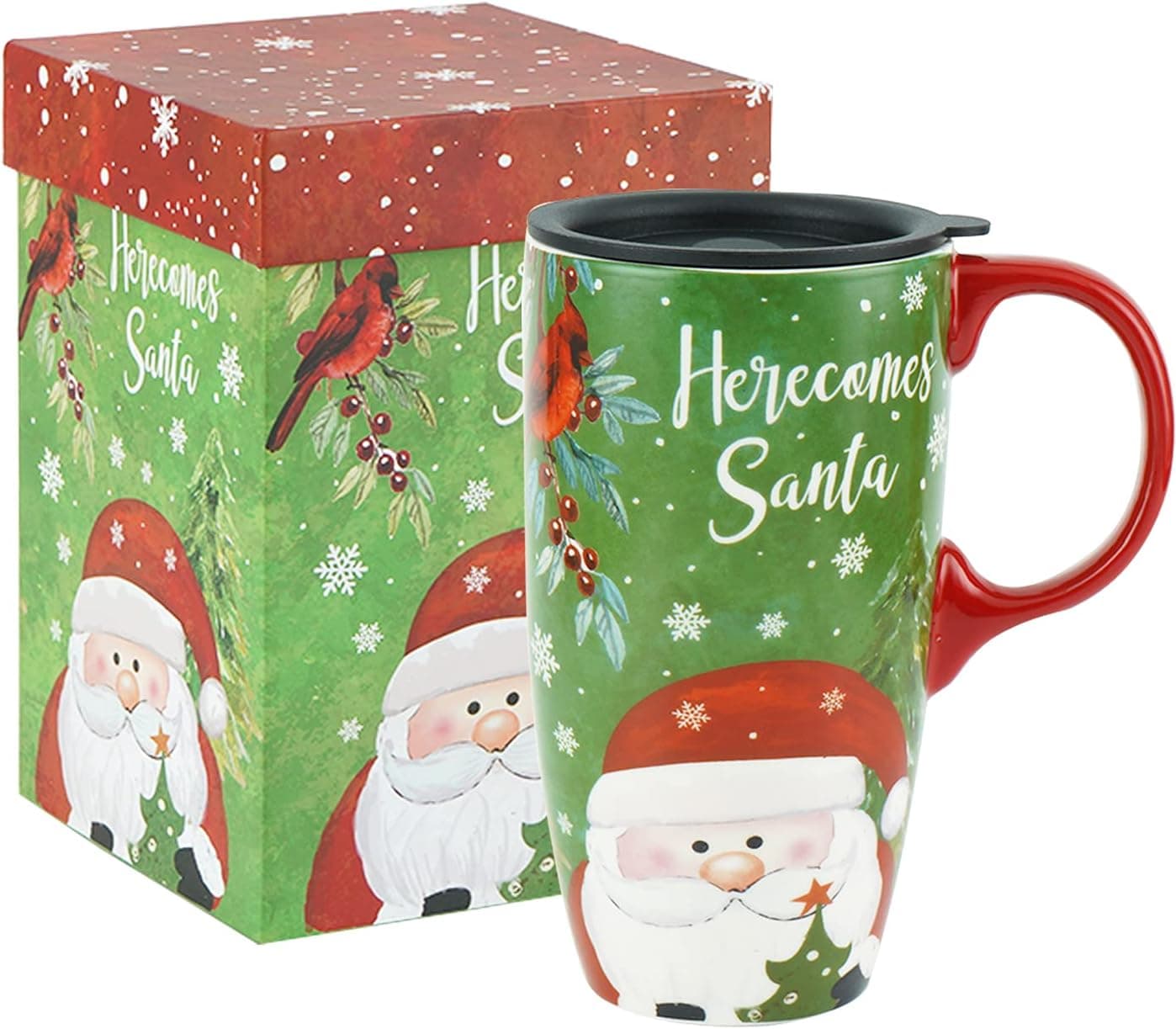 Topadorn Ceramic Travel Mug for Coffee or Tea Sealed Lid 17 oz Santa Claus Xmas Christmas Mug
