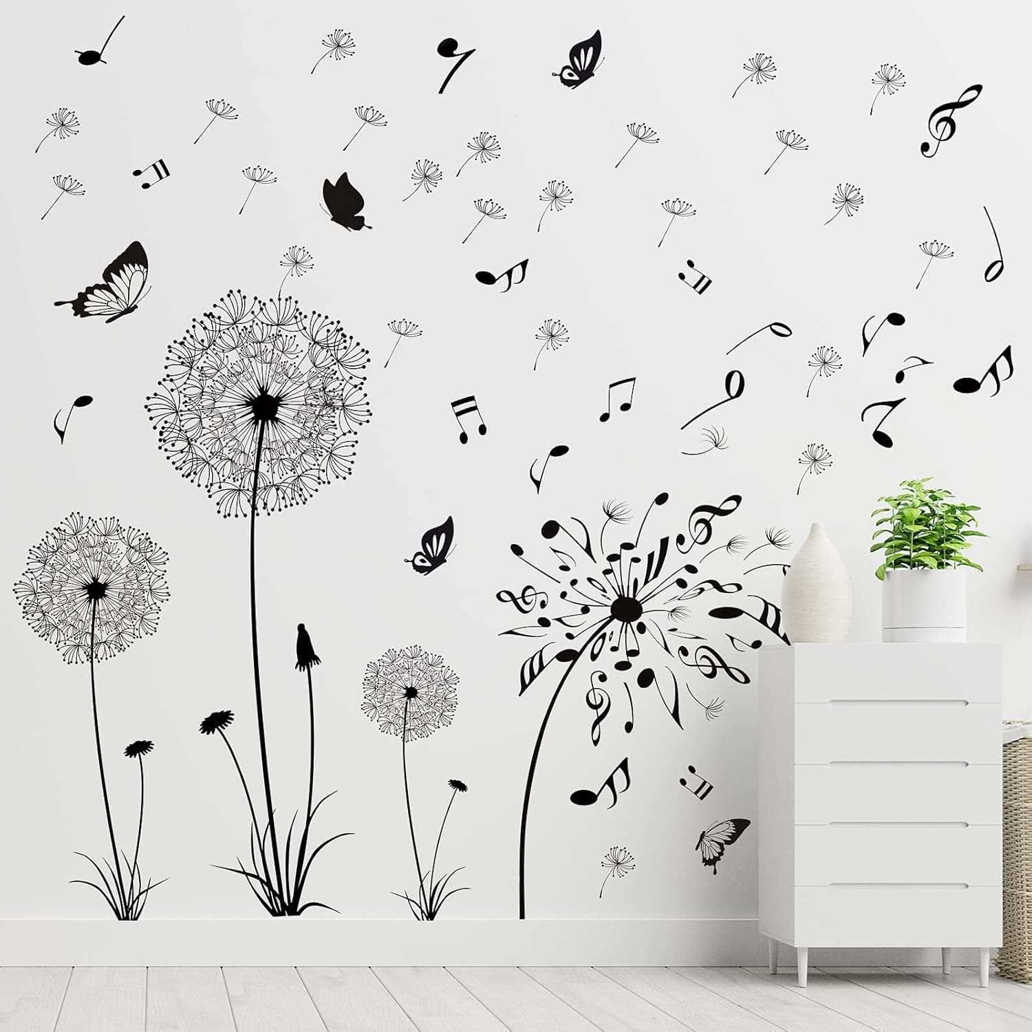 2 Pieces Christmas Indoor Outdoor Decoration Dandelion Wall Decals Music Note Dandelion Decal Flying Flowers Butterflies Wall Stickers Dandelion Wall Art Vinyl Wall Decors for Living Room Bedroom
