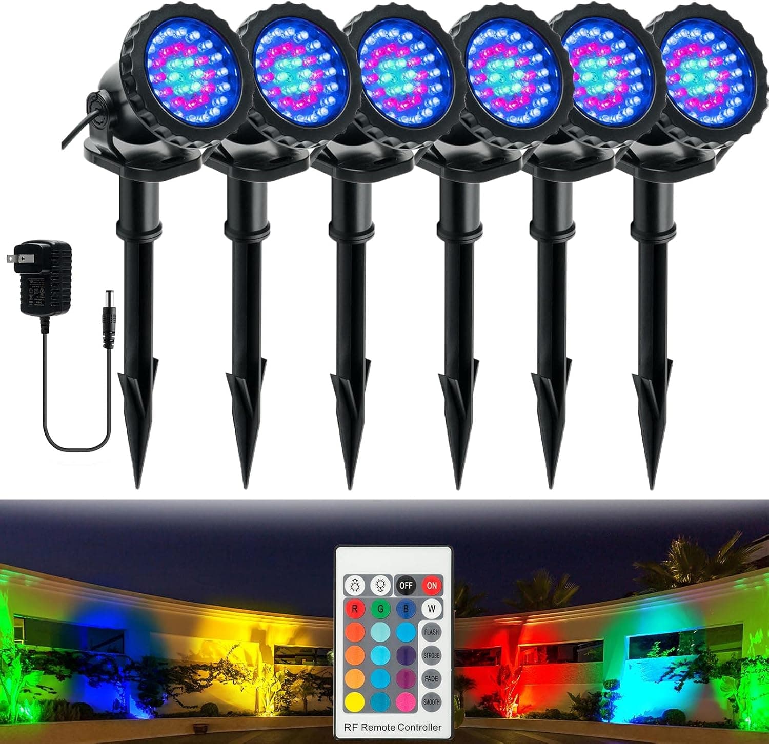 RGB Yard Spot Light, Colored IP68 Waterproof LED Spotlights Outdoor Submerisible Pond Lights Dimmable Landscape Lighting with Staked Stand for Garden Lawn Yard Pathway Flag Fountain, 6 Lights in set