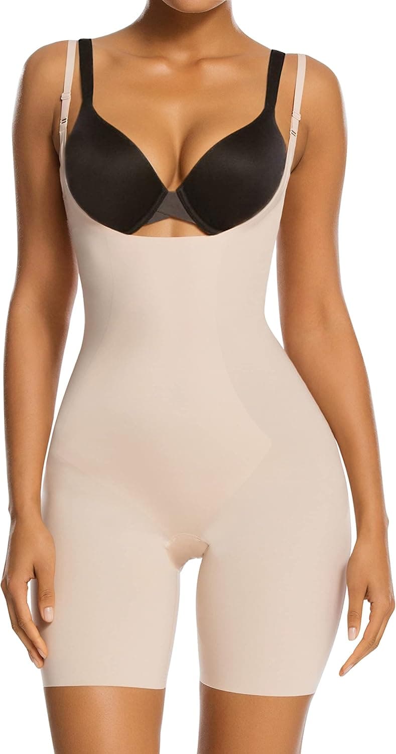 SHAPERX Tummy Control Shapewear for Women Seamless Fajas Bodysuit Open Bust Mid Thigh Body Shaper Shorts