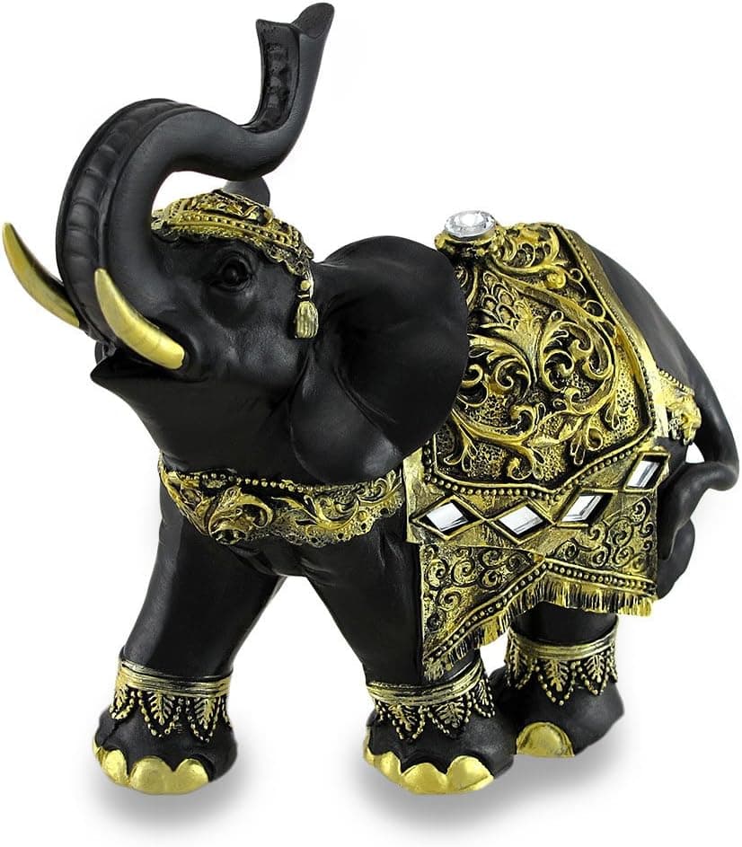 Things2Die4 Exotic Black and Gold Finish Trunk Up Thai Elephant Statue