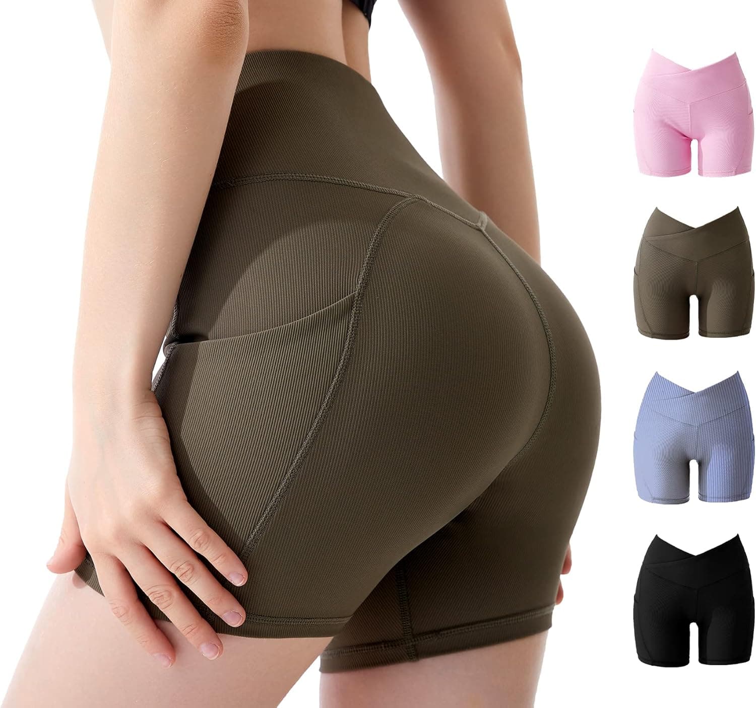 Workout Pants Biker Shorts for Women Gym Seamless Leggings with Pockets High Waist V Cross Athletic Butt Lifting