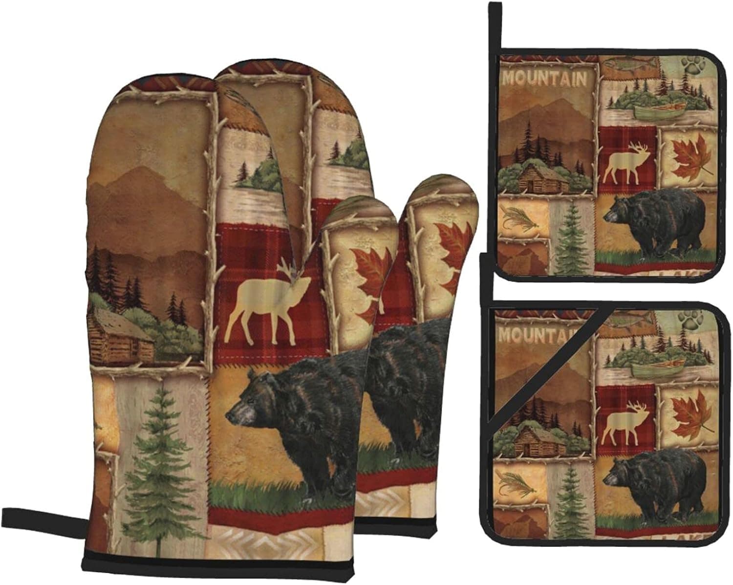 Moose Oven Mitts and Pot Holders Set of 4 Rustic Vintage Moose Oven Mitt Set Heat-Resistant Non Slip Oven Mitt for Kitchen Baking Grilling