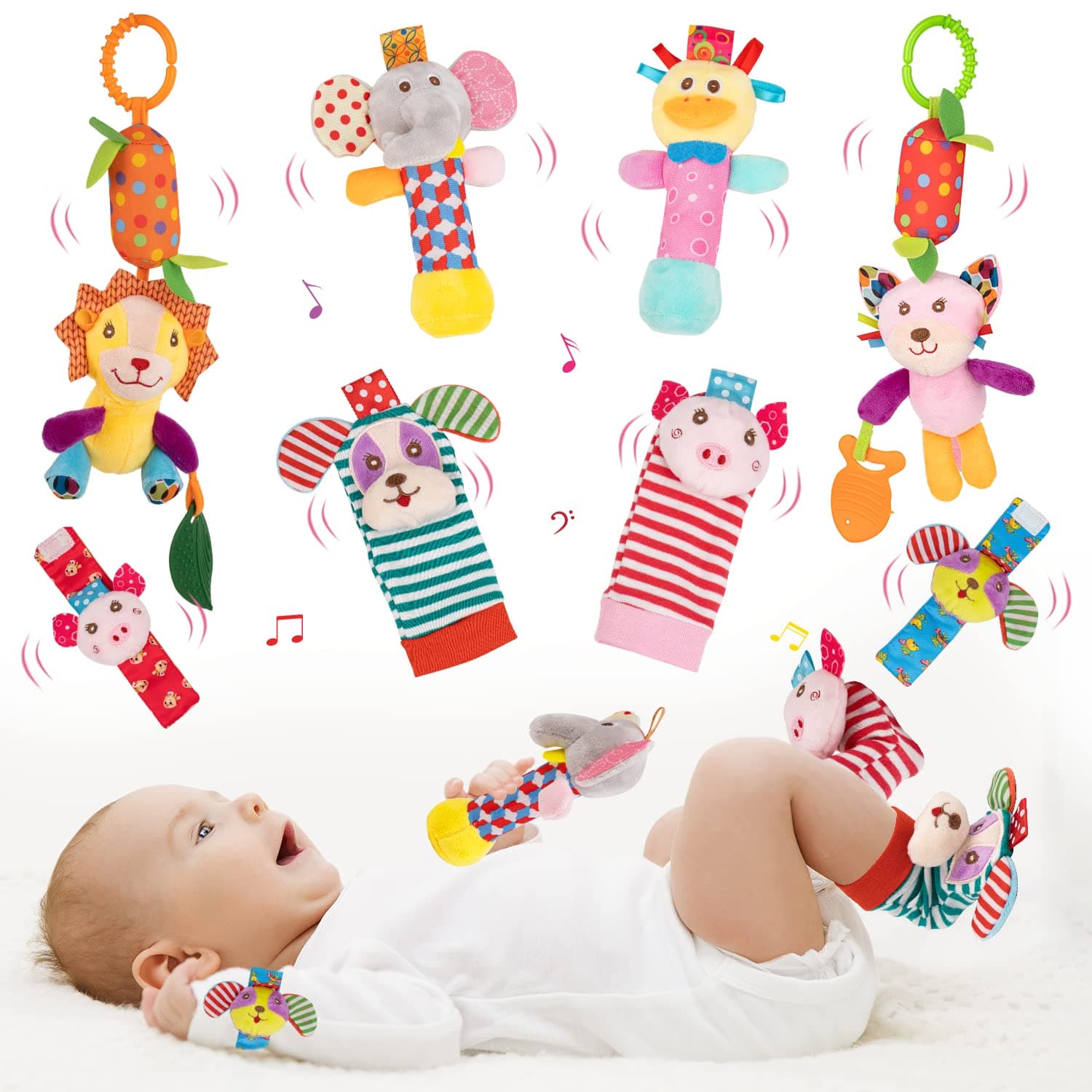 Joyshare Baby Rattles Toys Soft Hanging Rattle Toy, Handheld Rattles Wrist Rattle and Foot Sock Rattles Set Plush Stuffed Infant Toys 0-3 3-6 6-12 Months Baby Gift for Newborns