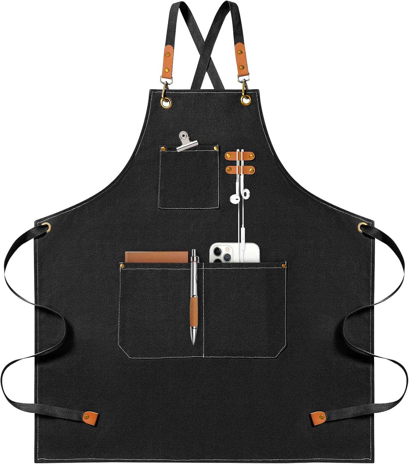 NLUS Chef Apron, Canvas Cross Back Apron for Women Men, Waterdrop Resistant Apron with Adjustable Strap and Large Pockets (black)