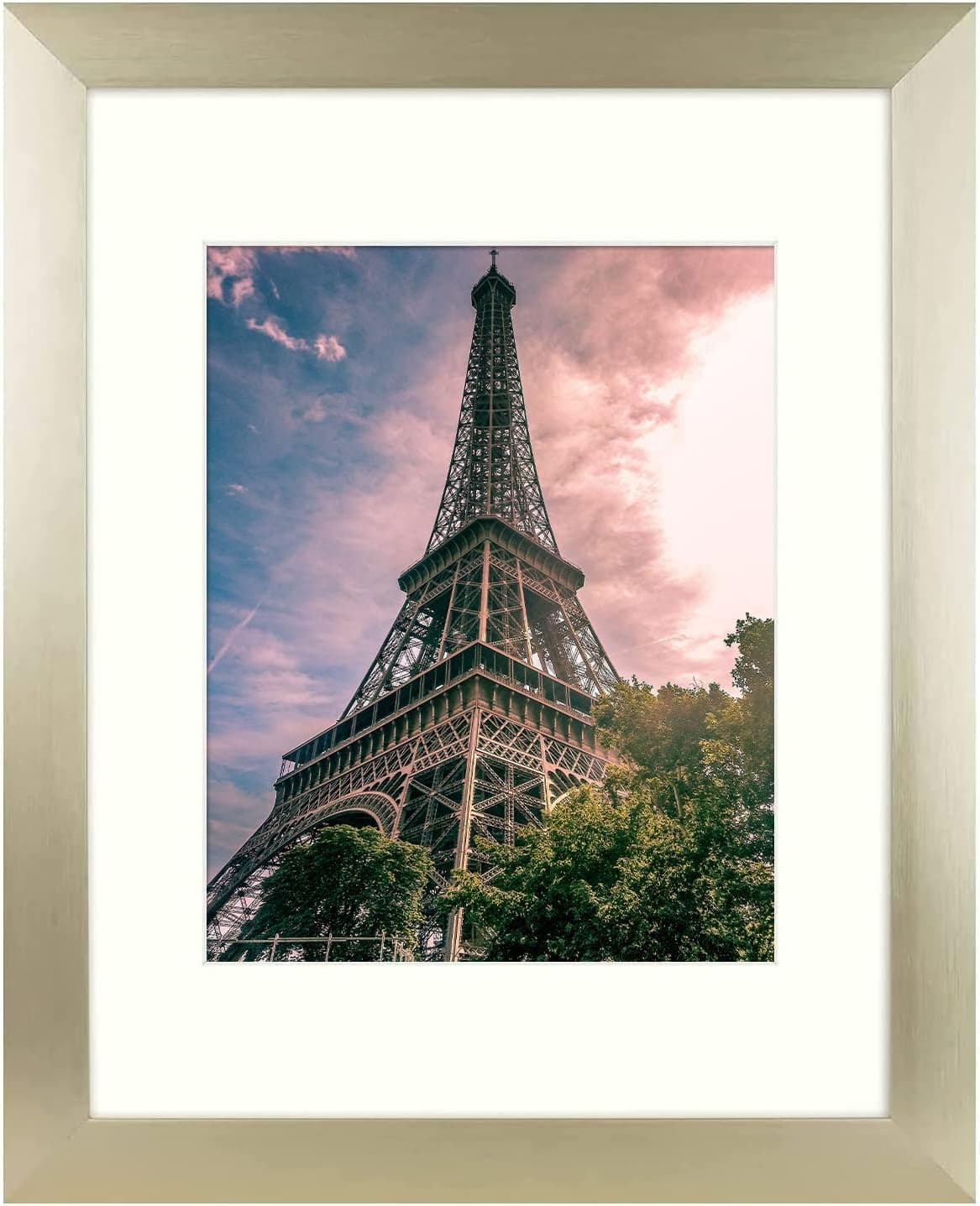 Golden State Art, 11x14 Brushed Aluminum Frame with Ivory Mat for 8x10 Picture - Wide Molding- Swivel Tabs, Sawtooth Hangers - Wall Display (Satin Gold, 1 Pack)
