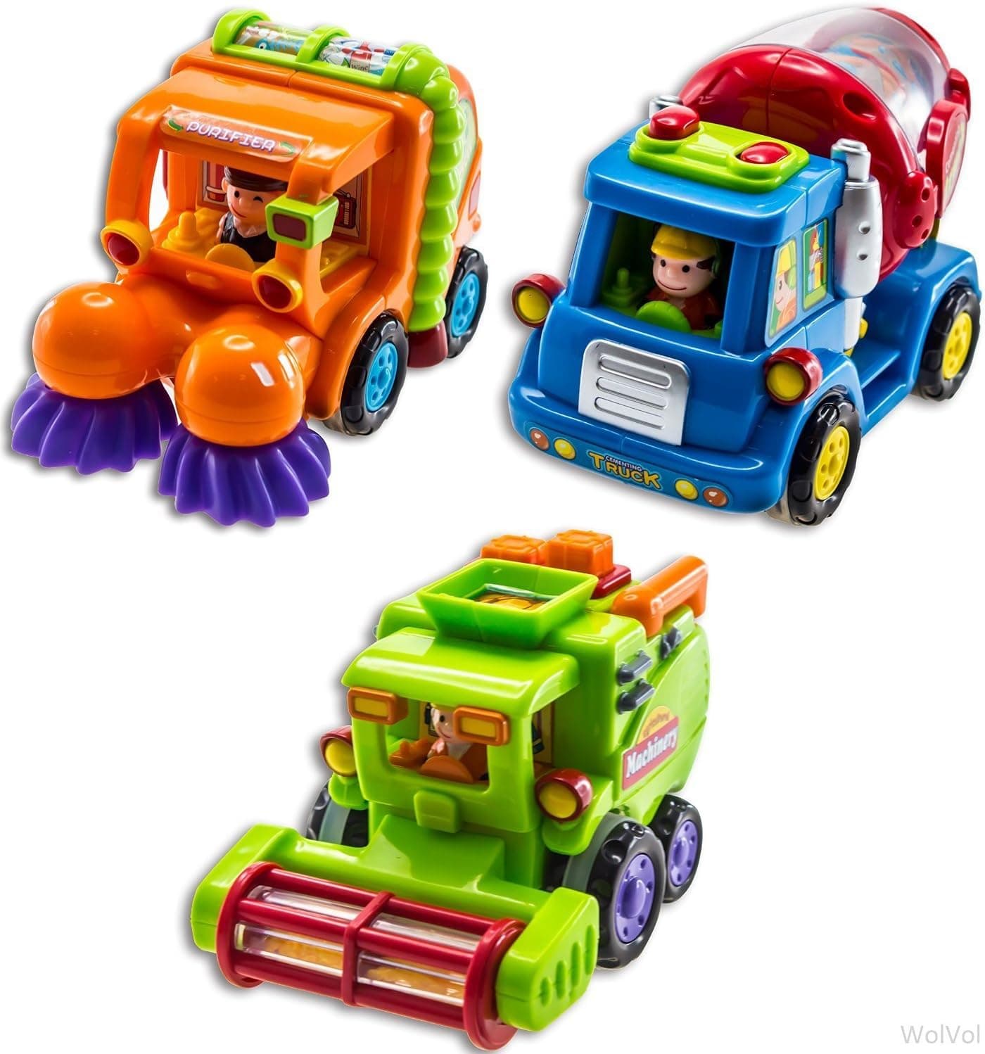 WolVolk Set of 3 Push and Go Friction Powered Car Toys for Boys - Street Sweeper Truck, Cement Mixer Truck, Harvester Toy Truck - Cars Have Automatic Functions