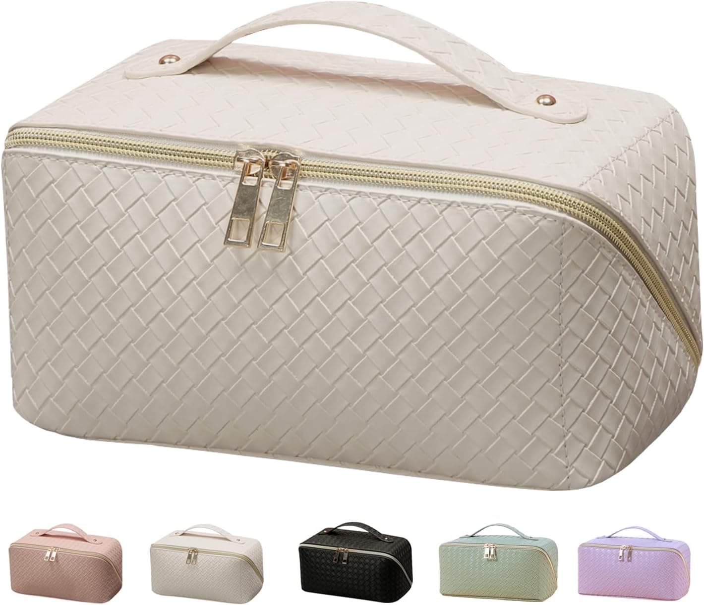 YUNZSXJY Travel Makeup Bag Large Capacity Cosmetic Bag Portable Leather Waterproof Toiletry Bag for Women With Handle and Divider Makeup Organizer Bag (Beige)