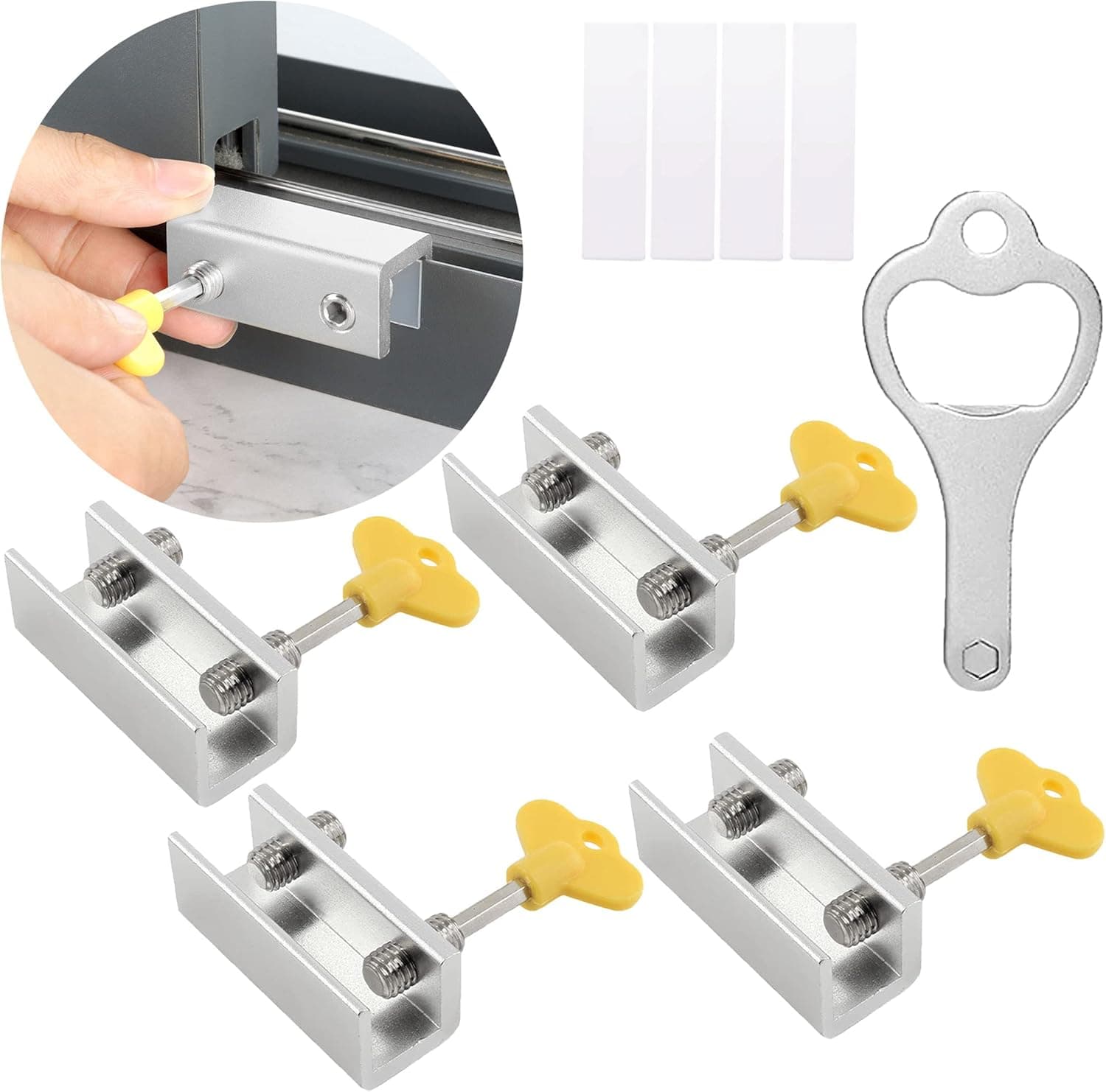 4 Sets Sliding Window Locks Security with Key, Aluminum Security Window Door Stoppers Locks Lock for Vertical & Horizontal Sliding Windows Doors, Adjustable Double Hung Window Lock for Home Bedroom