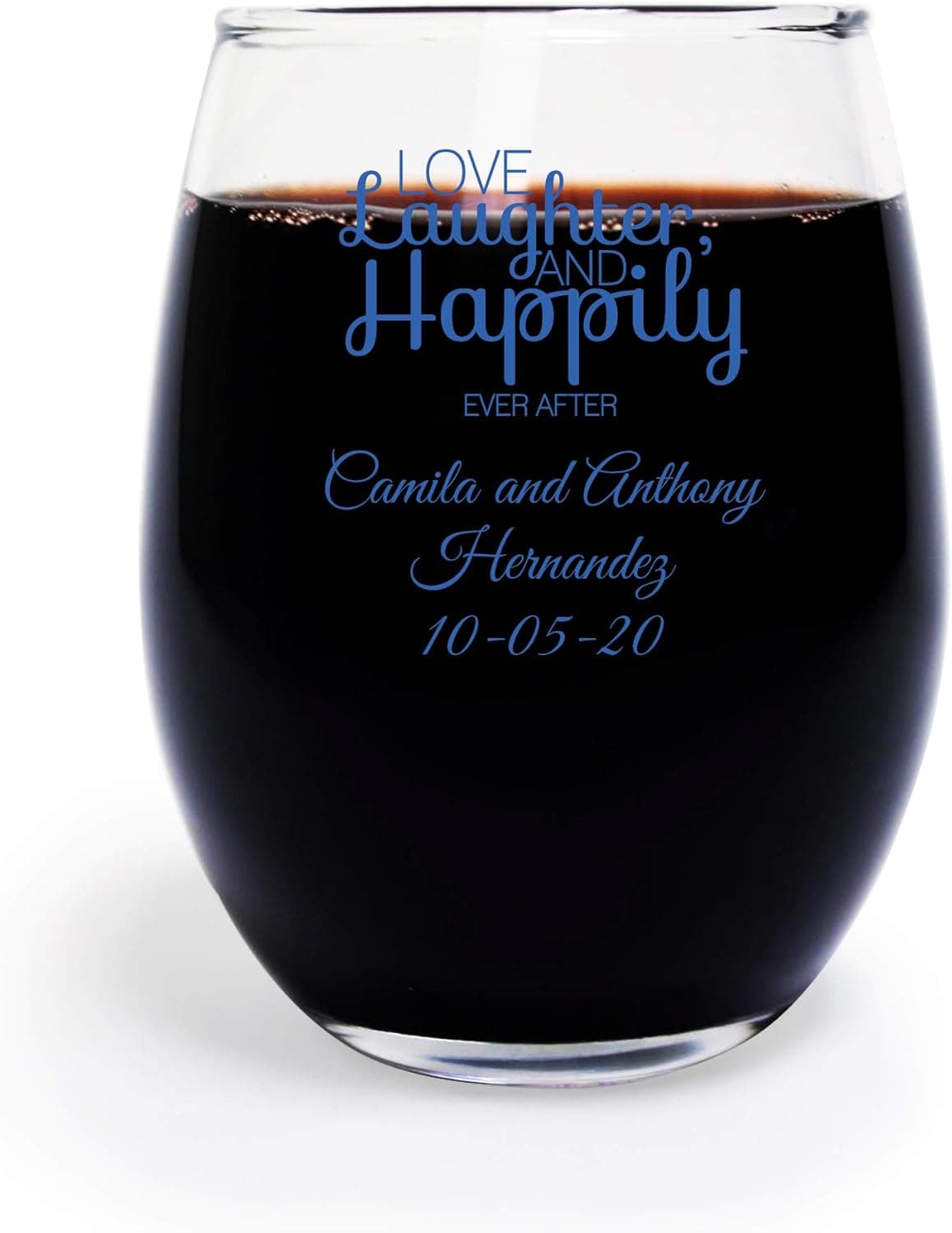 Love Laughter and Happily Ever After 9 Oz Stemless Toasting Glasses, 48 Count, Friend Birthday Gift Personalize with Name and Date, Blue Ink, Wedding Favor