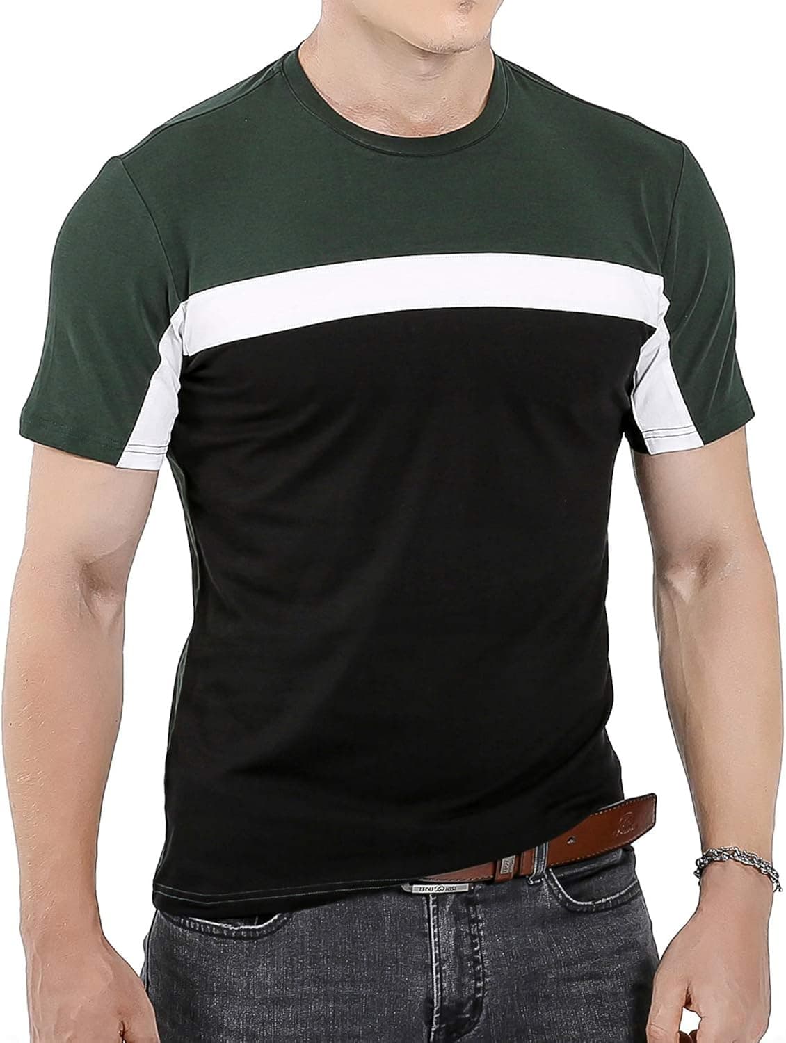 Mens Casual Comfortable Slim Fit Short-Sleeve T-Shirt Cotton Contrast Color Stitching Summer Top Green