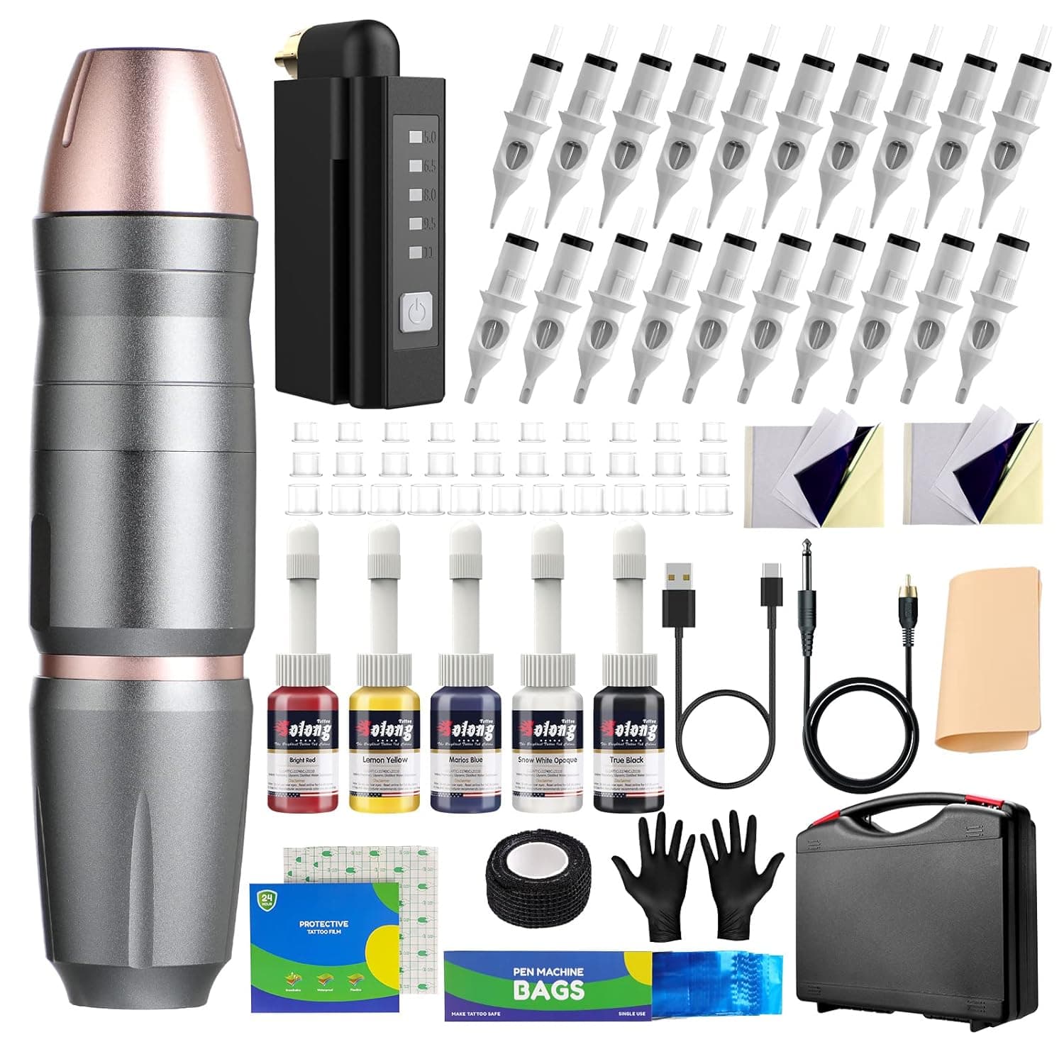 Solong Tattoo Kit Wireless Rotary Tattoo Machine Tattoo Battery 20pcs Tattoo Cartridge Needles Mixed Tattoo Ink Set with Tattoo Accessories SLP30P199-7