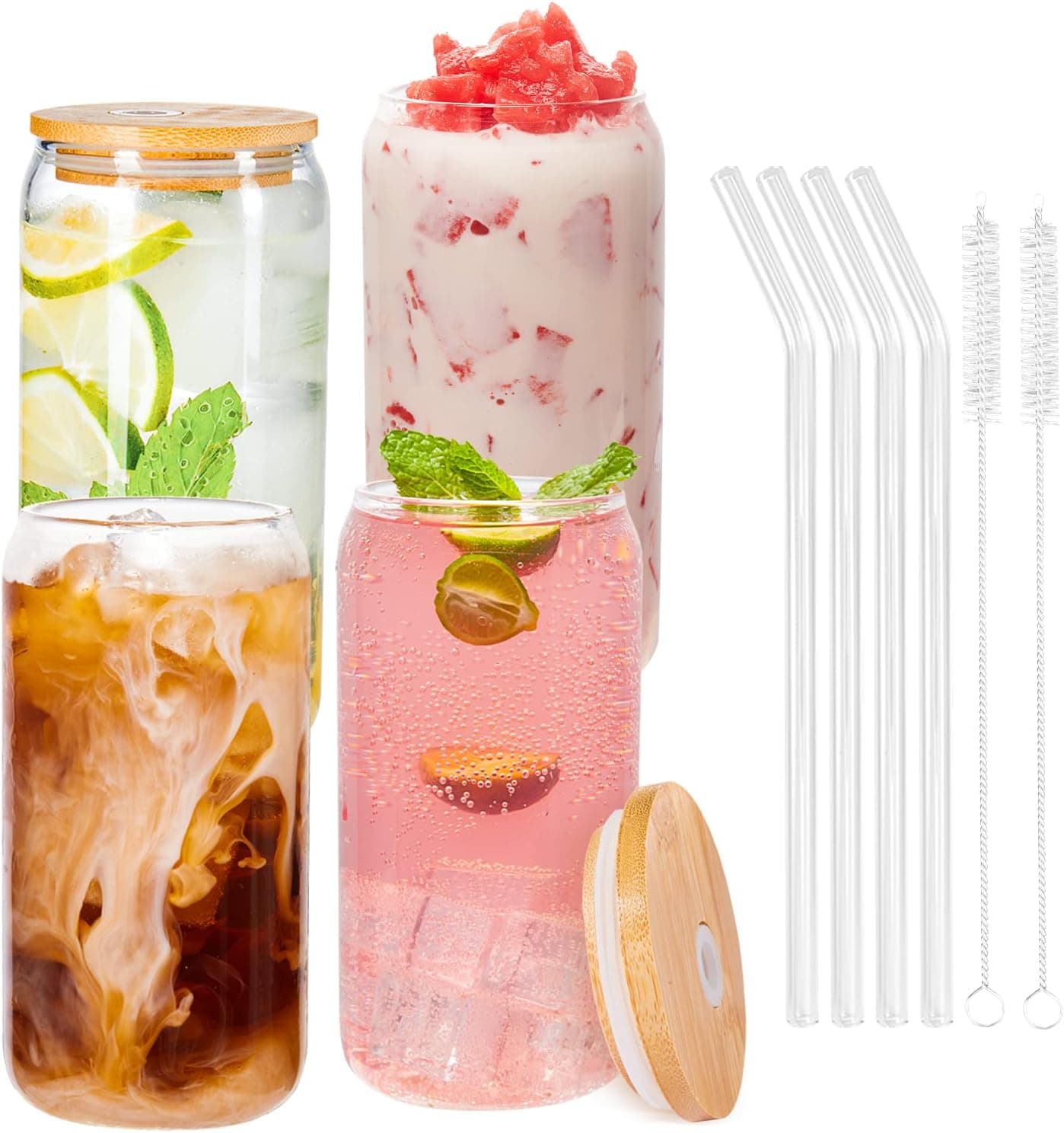 YSJILIDE Glass Cups with Bamboo Lids and Glass Straws 4 Set, 16oz Can Shaped Drinking Glass Cups, Iced Coffee Cup, beer glasses Ideal for cocktails, whisky, juice, DIY, Gifts - 2 Cleaning Brushes