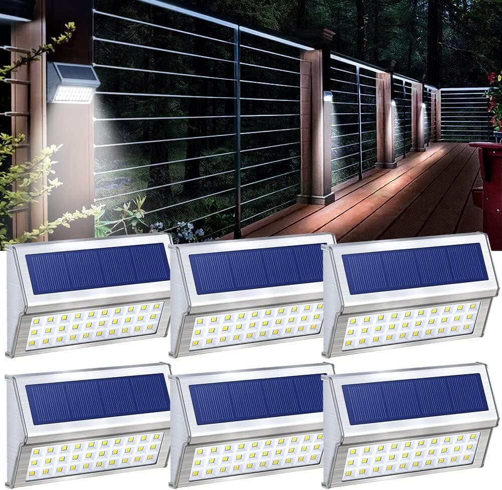 DBF Solar Step Lights Outdoor with Stainless Steel & Longer Working Time 30 LED Solar Deck Fence Post Lighting Weatherproof Bright Solar Powered Stair Lights for Yard Patio Path (6 Pack, Cool White)