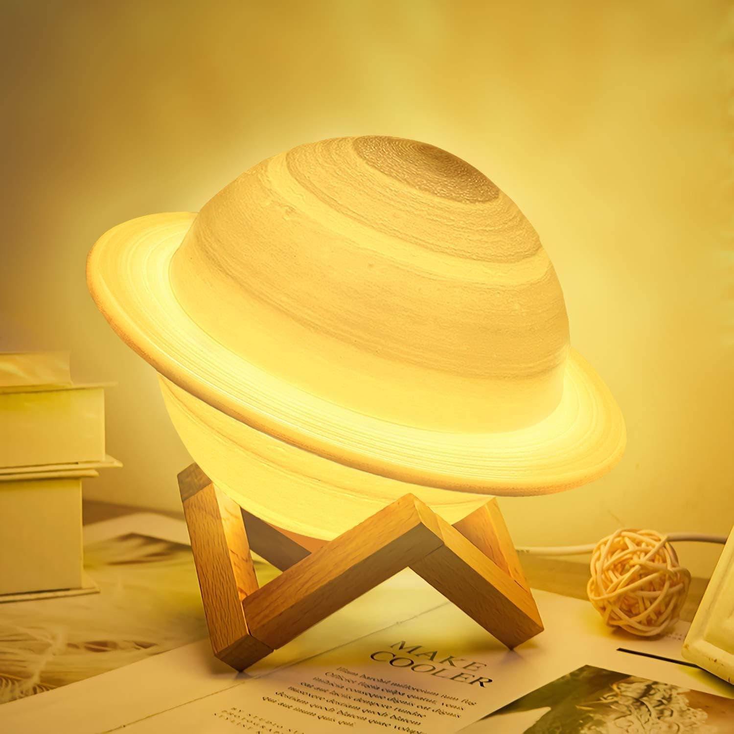 MOSTATTO New 3D Moon lamp 16 Colors LED Rechargeable Saturn lamp, dimmable Night Light with Wooden Stand and Hanging net, Remote Control and Touch Control for Baby Friends