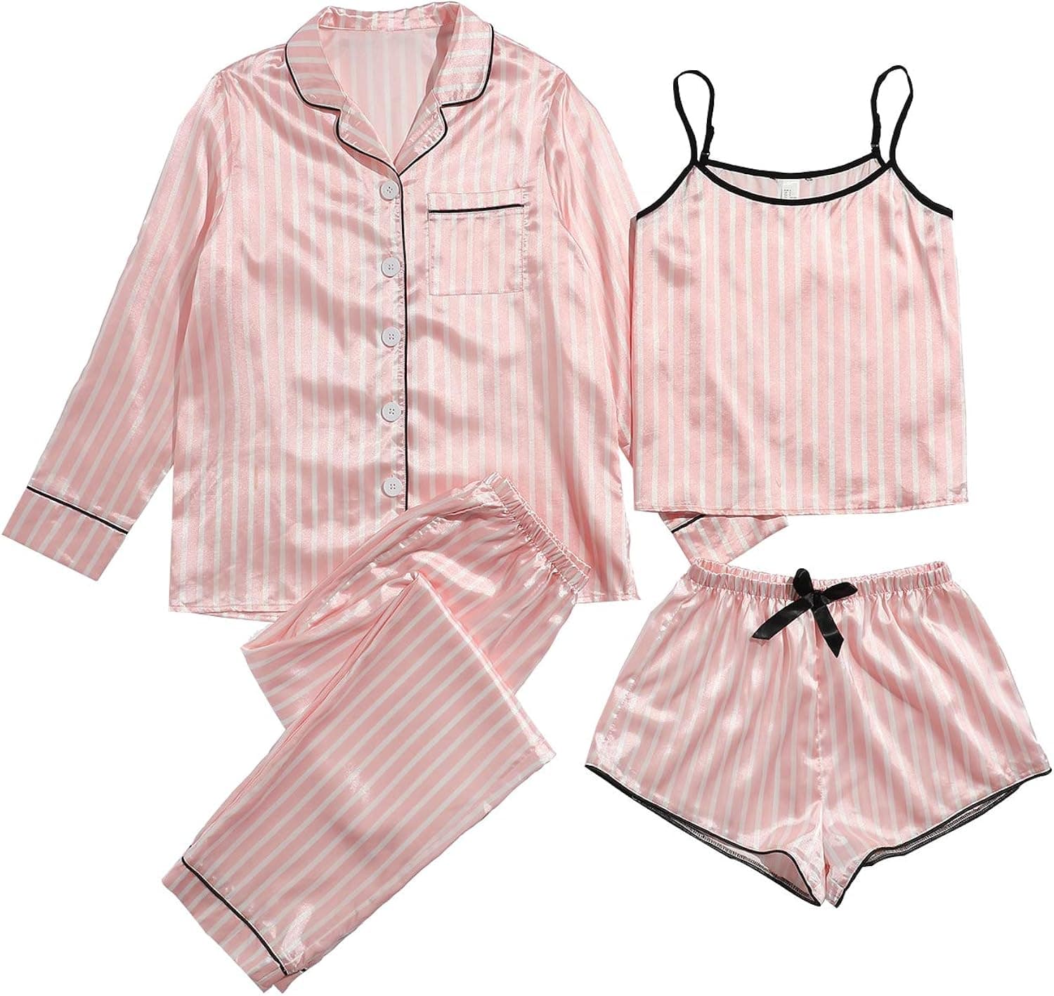 WDIRARA Women's Silk Satin Pajama Set 4 Pieces Sleepwear Loungewear Pj Sets
