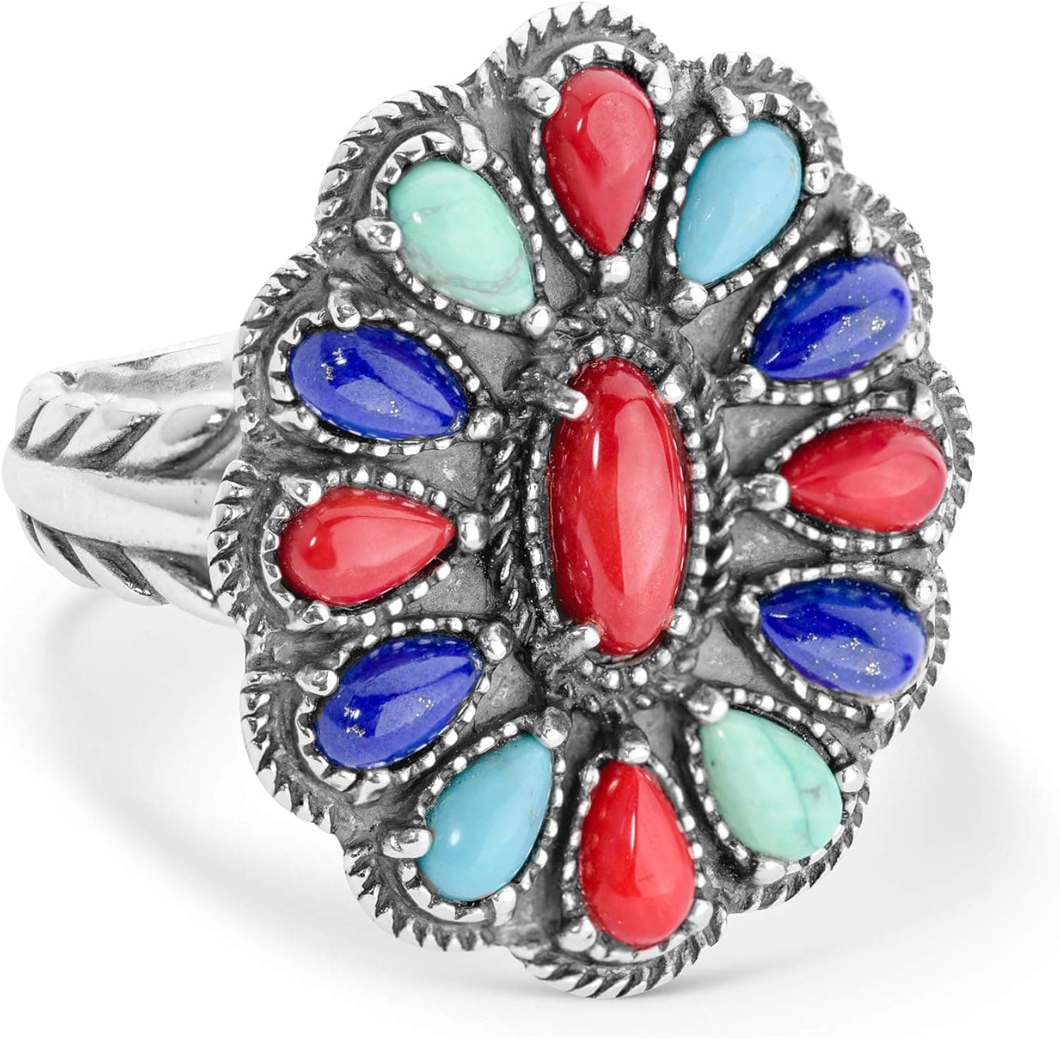 American West Sterling Silver Blue Lapis, Turquoise and Red Coral Multi Gemstone Cluster Design Ring Size 5 to 10
