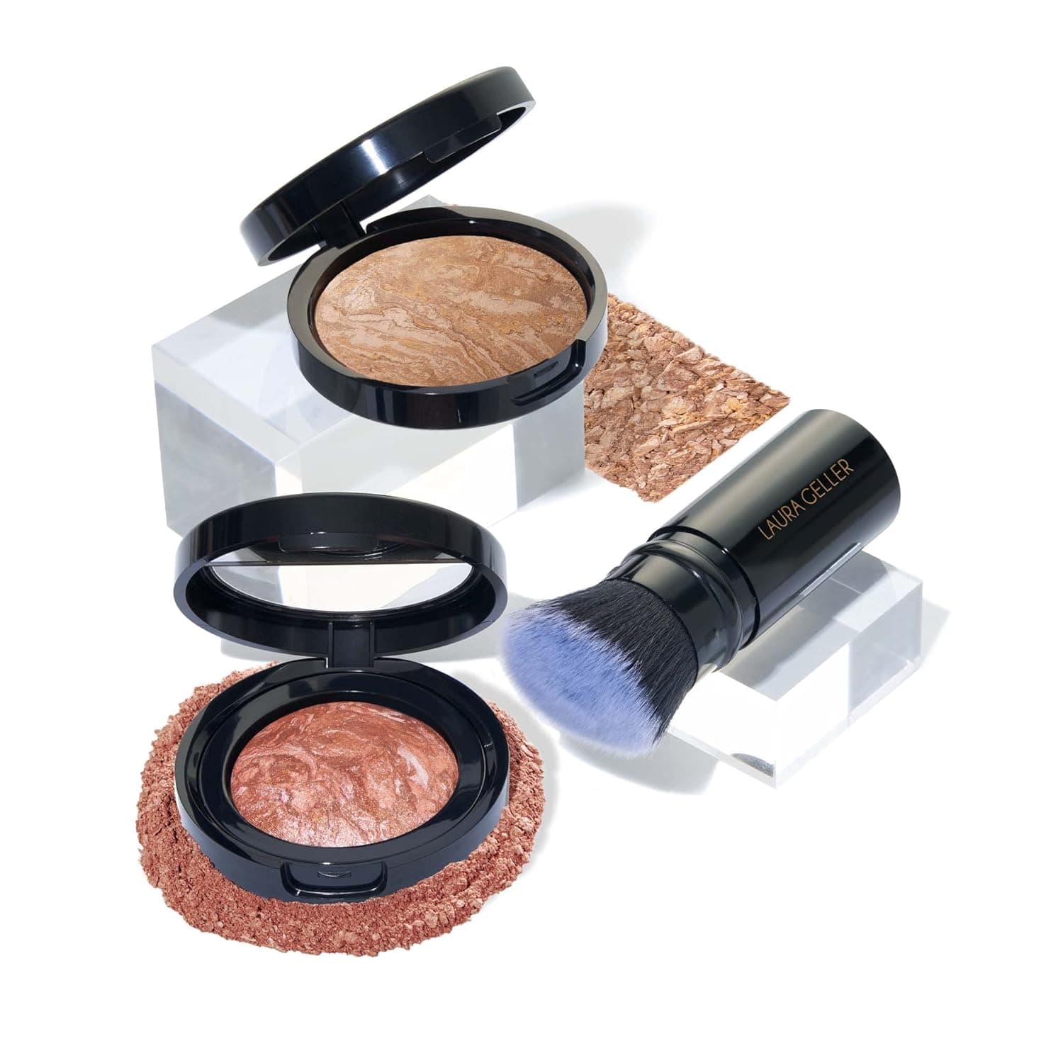 LAURA GELLER NEW YORK Blush-n-Balance 3pc Kit Baked Balance-N-Brighten Color Correcting Foundation, Medium Retractable Kabuki Brush, Baked Blush-N-Brighten Cream to Powder Long-Wear Blush, Tropic Hues