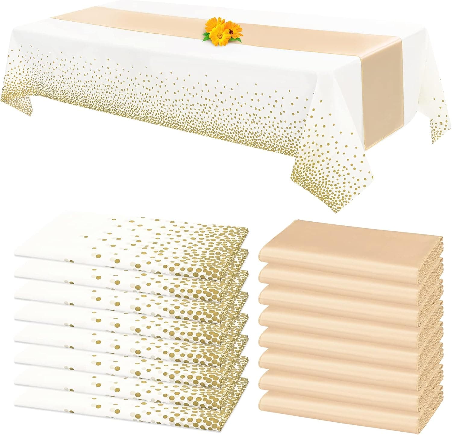 16 Pieces Gold Tablecloth Champagne Gold Satin Table Runner Set 12x108 Inch Table Runners 54x108 Inch Plastic Table Cover Rectangle Table Cloths for Party Decorations, Wedding, Birthday Celebration