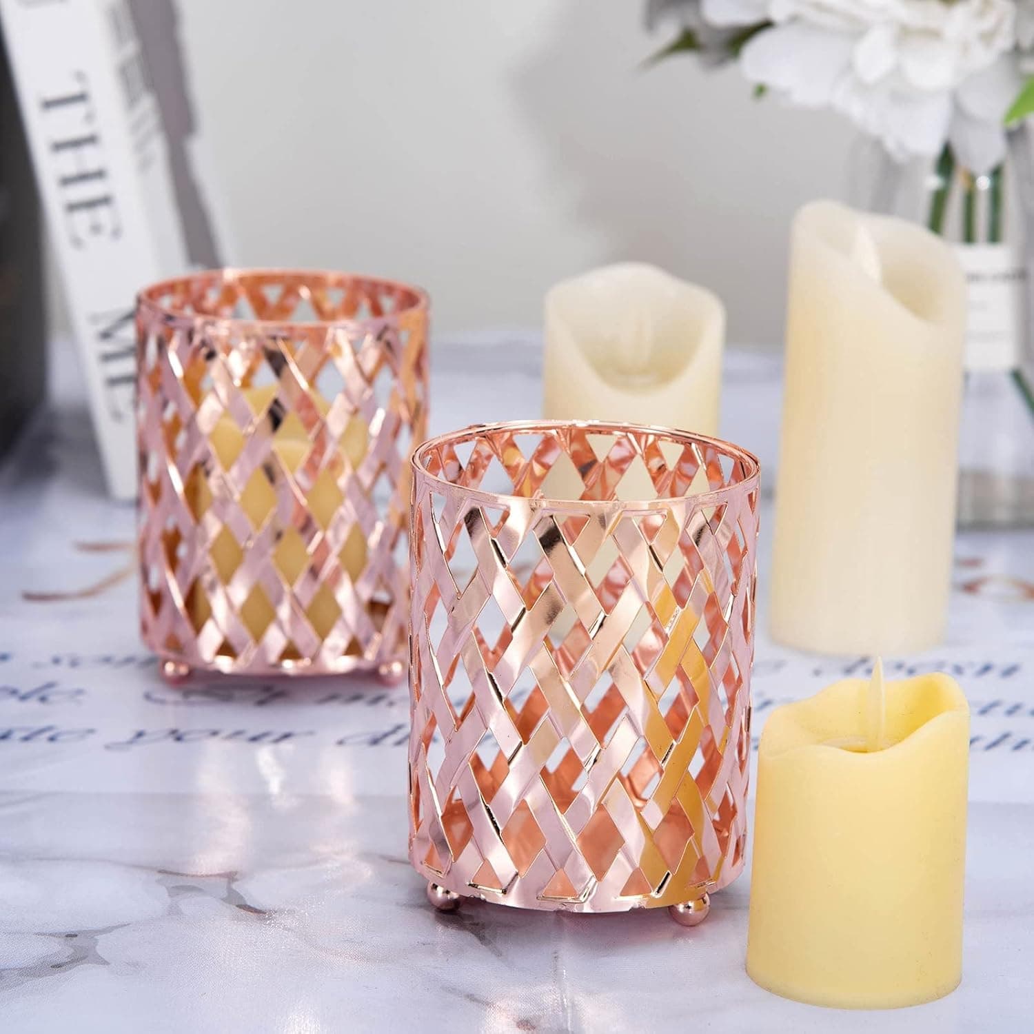 Efavormart 2 Pack 4" Tall Metal Rose Gold Candle Holder Set Votive Candle Holder Set Wedding Table Centerpiece