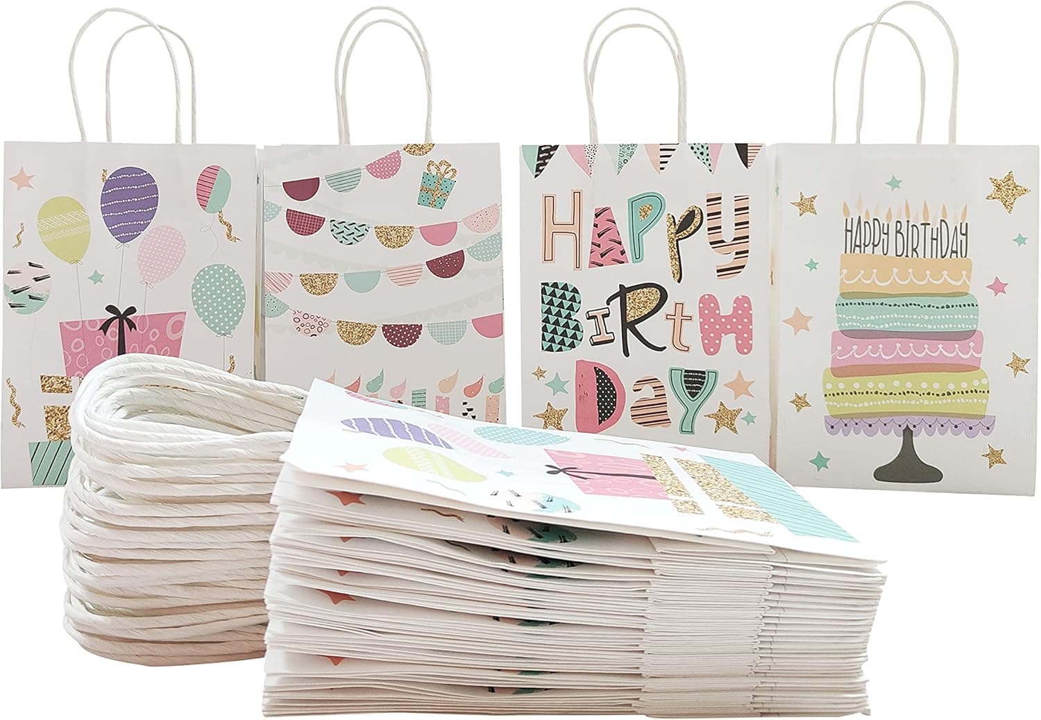 Lammuda Small Gift Bags Set, 24Pcs Bulk Kids Party Favor Paper Bag with Handle for Goodie, Candy, Donut, Cupcake, Cookie Treat, Return Gifts (Birthday)