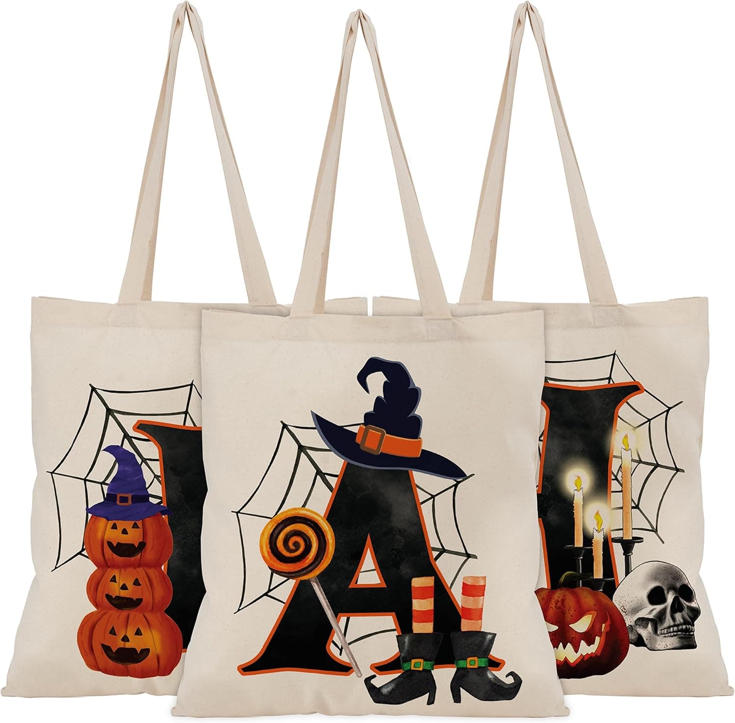 Halloween Initial Tote Bags Gifts for Boys Girls - 15"x16" - Trick or Treat Letters Canvas Bag - Pumpkin Goodie Bag