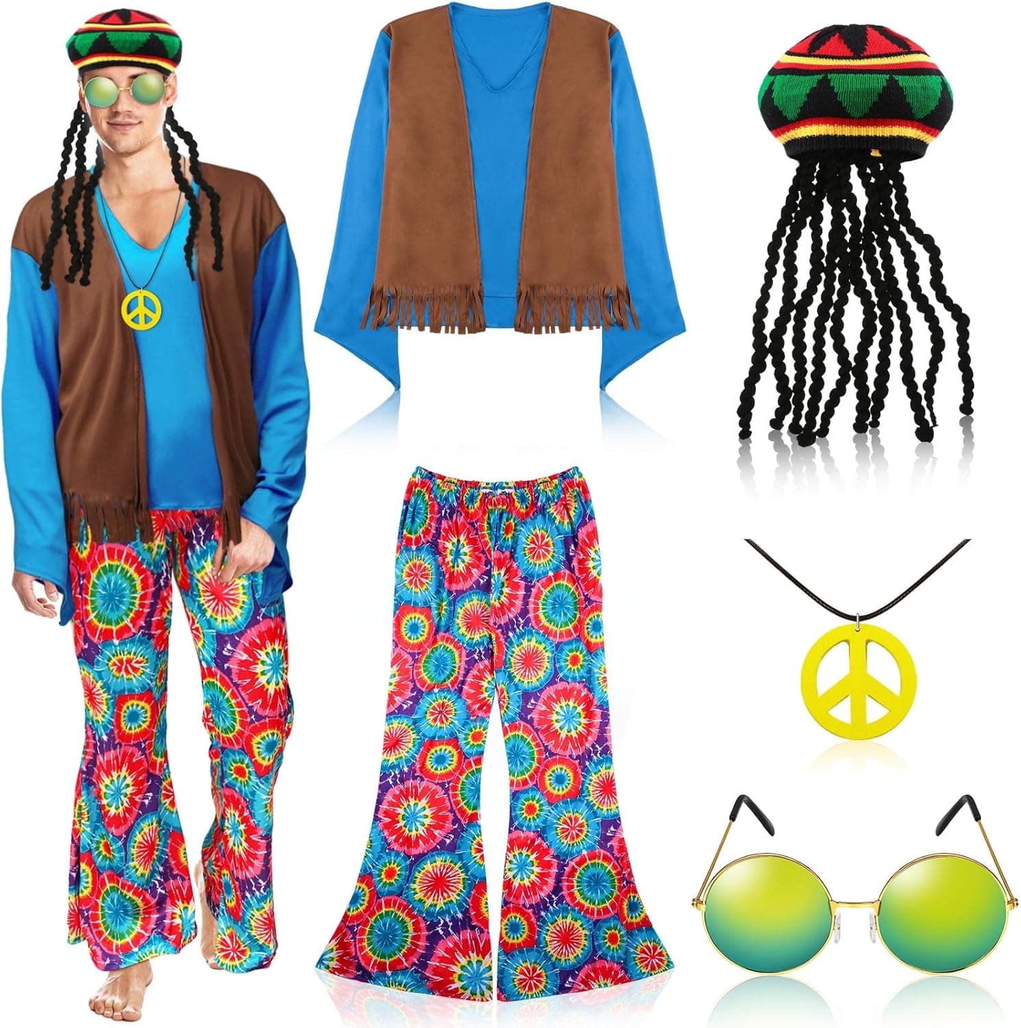Geyoga 5Pcs 60s 70s Hippie Costume for Men Women Hippie Pant Shirt Faux Vest Rasta Hat with Dreadlocks