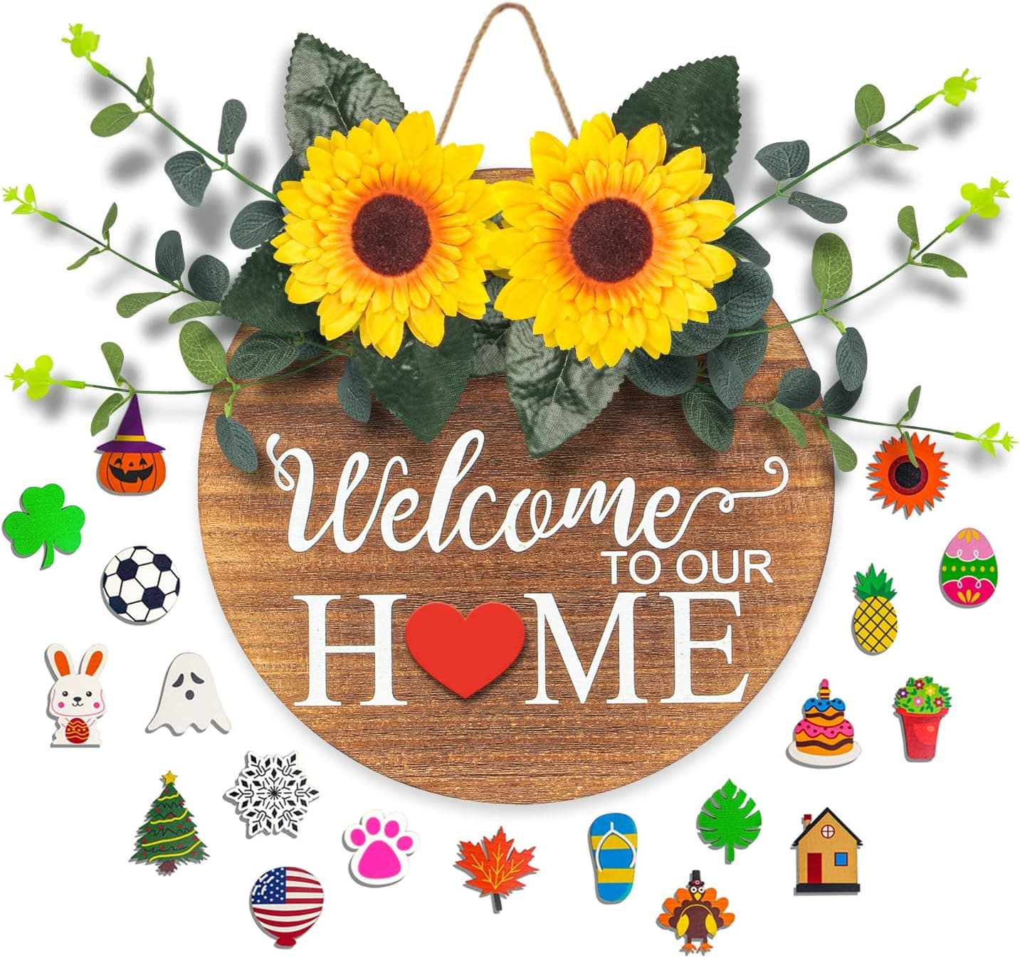 Welcome Sign for Front Door, WEEKSUN Welcome to Our Home Front Porch Decor with 20 Interchangeable Welcome Sign, Signs for Home Decor Wall, Front Door, Porch, Housewarming Gifts Christmas Door Decor