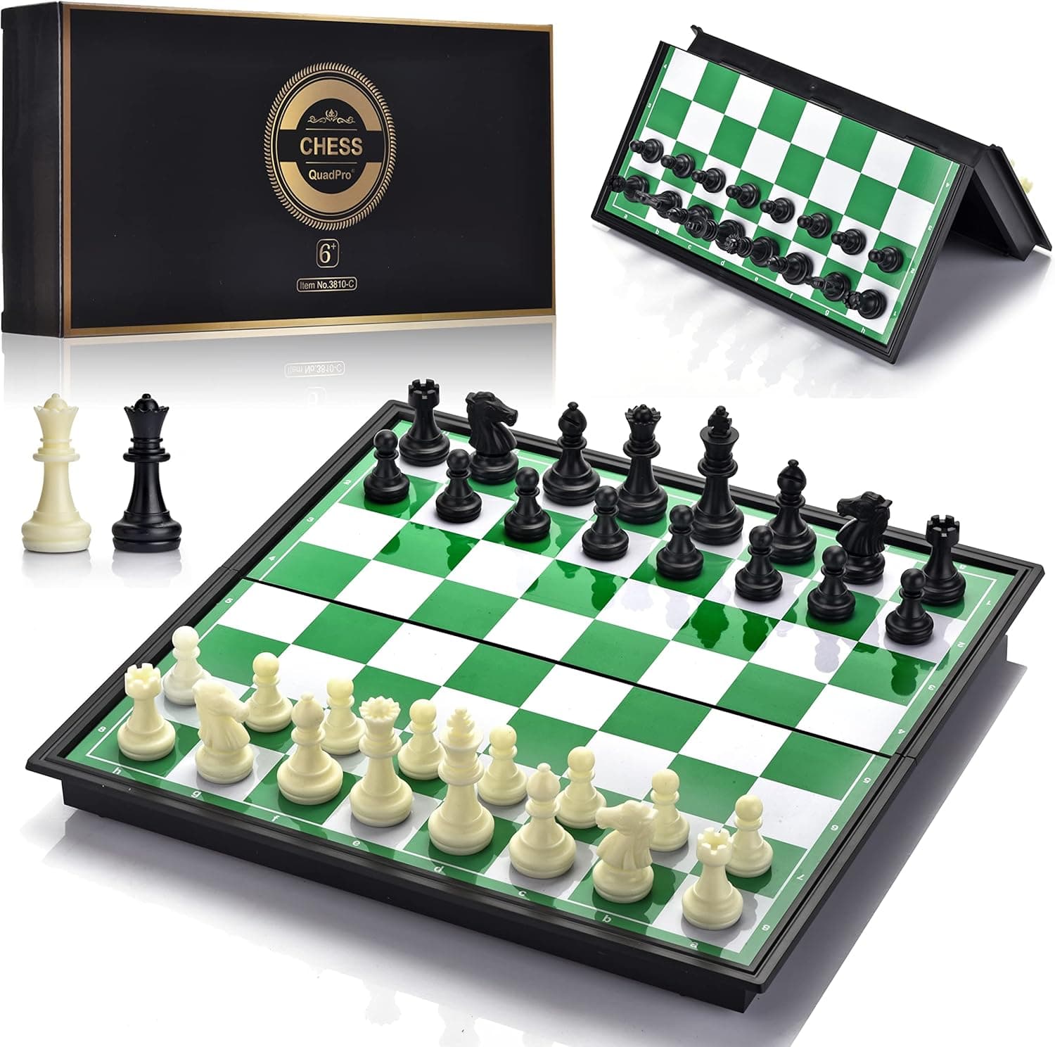 QuadPro Magnetic Travel Chess Set with Folding Chess Board & 2 Extra Queens & Convenience Bag, Educational Toys for Kids and Adults (Green & White)