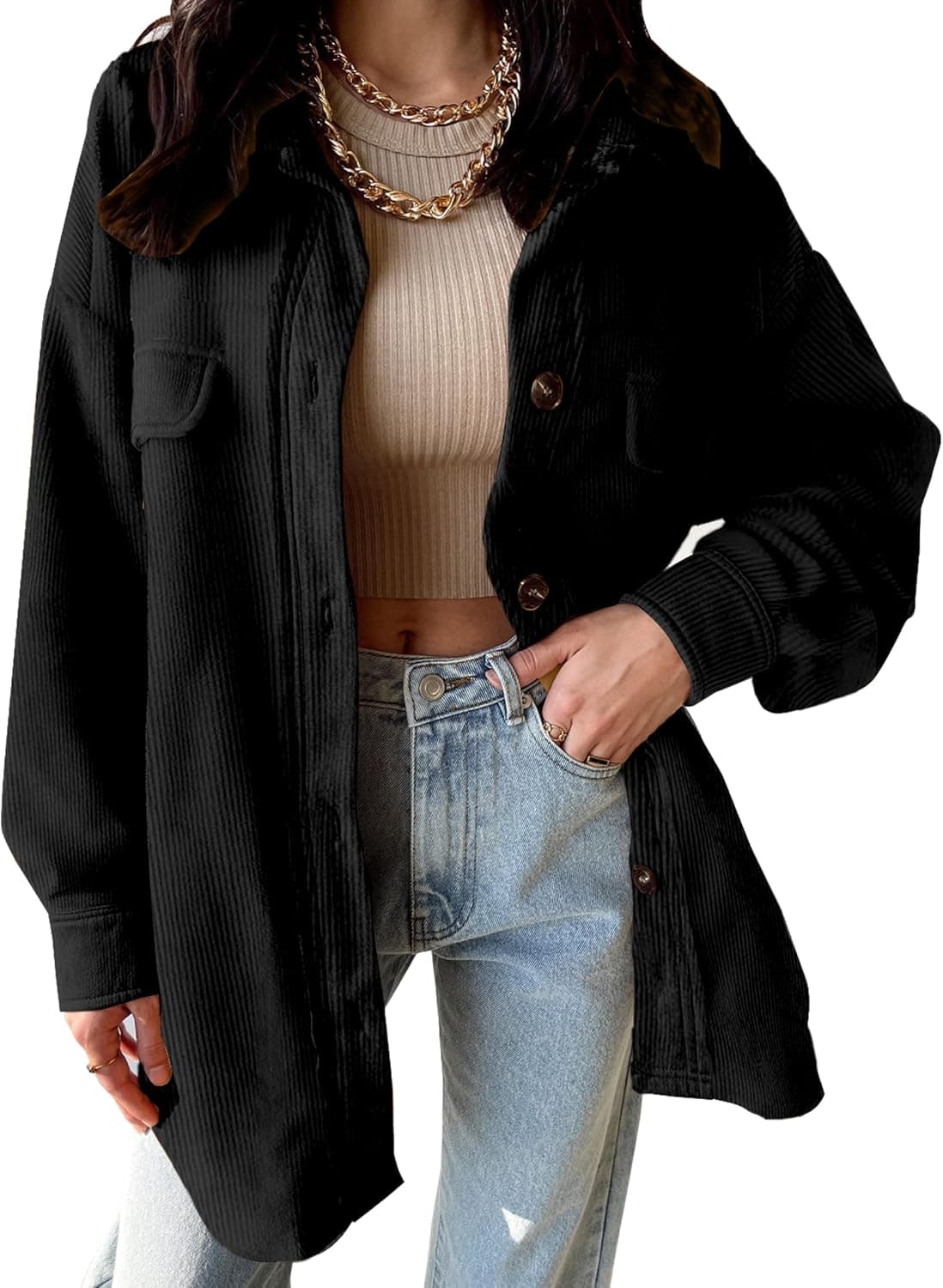 VICHYIE Womens Corduroy Shacket Blouses Button Down Shirts Pocket Long Sleeves Tops Jacket Coats