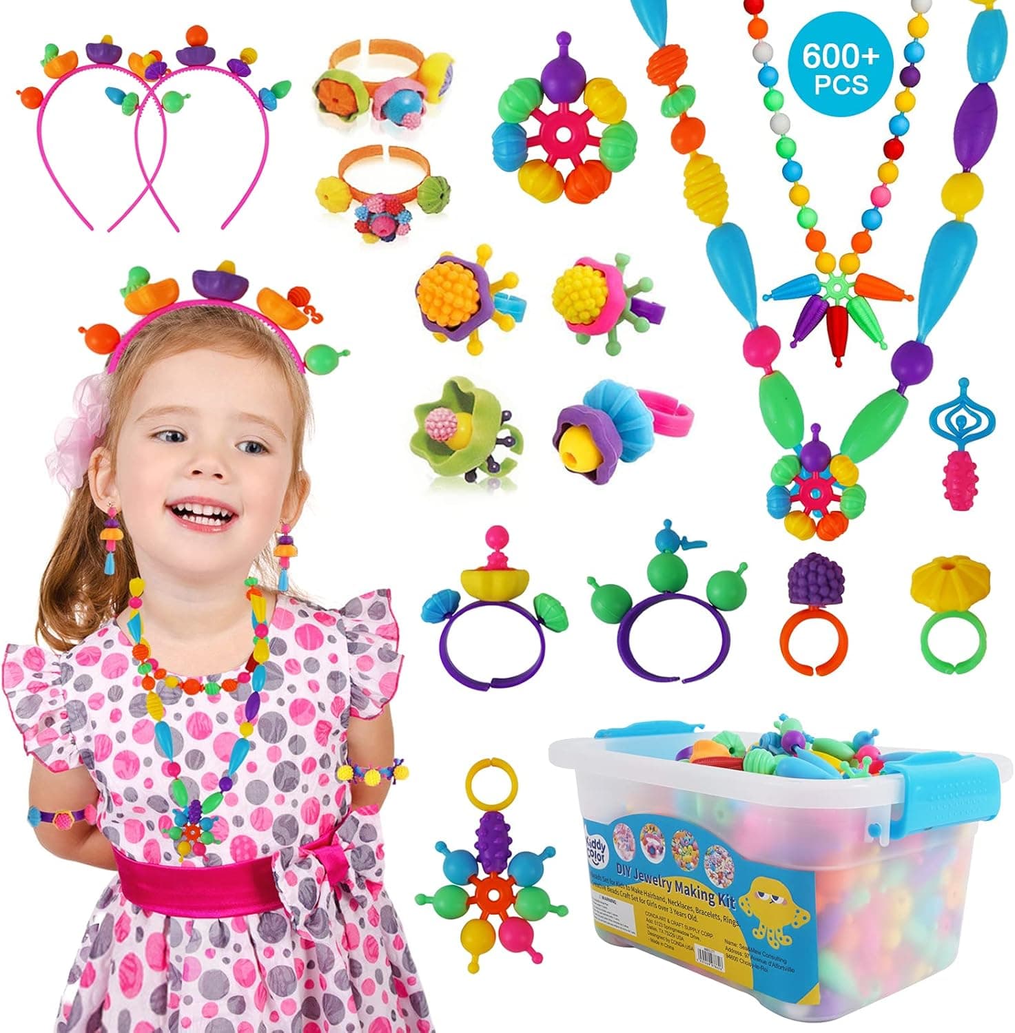 KIDDYCOLOR Pop Beads Kit for Girls - 600PCS Kids Jewelry Making Kit Snap Beads Craft Kits DIY Bracelets Necklace Hairband and Rings Creativity Toy Gifts for Girls Age 4 5 6 7 8 9 10 Years Old