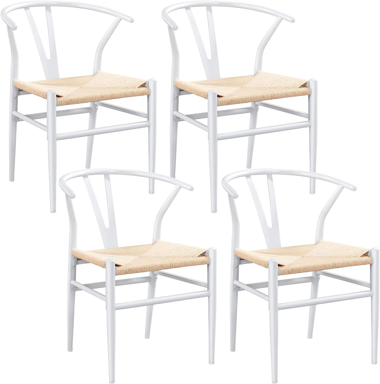 Yaheetech Metal Dining Chair Y-Shaped Set of 4 Weave Arm Chair Mid-Century Dining Room Chairs Backrest Hemp Seat, White