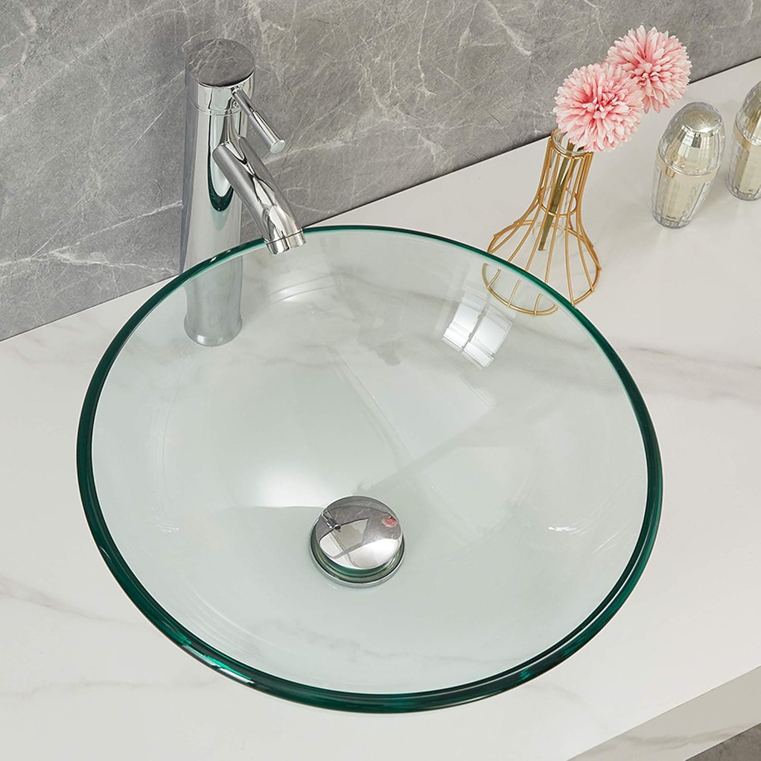 DecorVella 16.7x16.7x5.5 Inch Round Tempered Glass Bathroom Vessel Sink Basin with Faucet&Pop-Up Drain