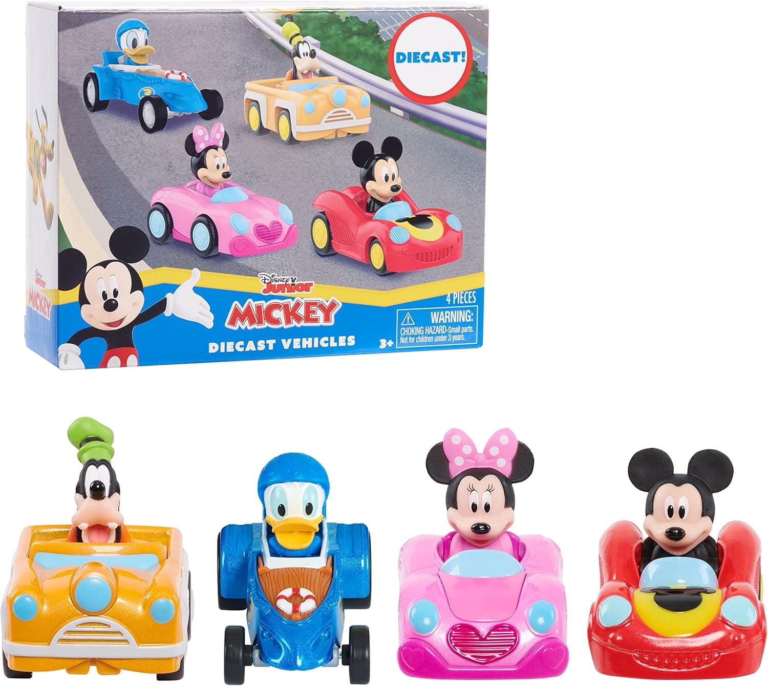 Disney Junior Mickey Mouse Diecast Vehicles 4-Piece Set, Officially Licensed Kids Toys for Ages 3 Up, Gifts and Presents by Just Play