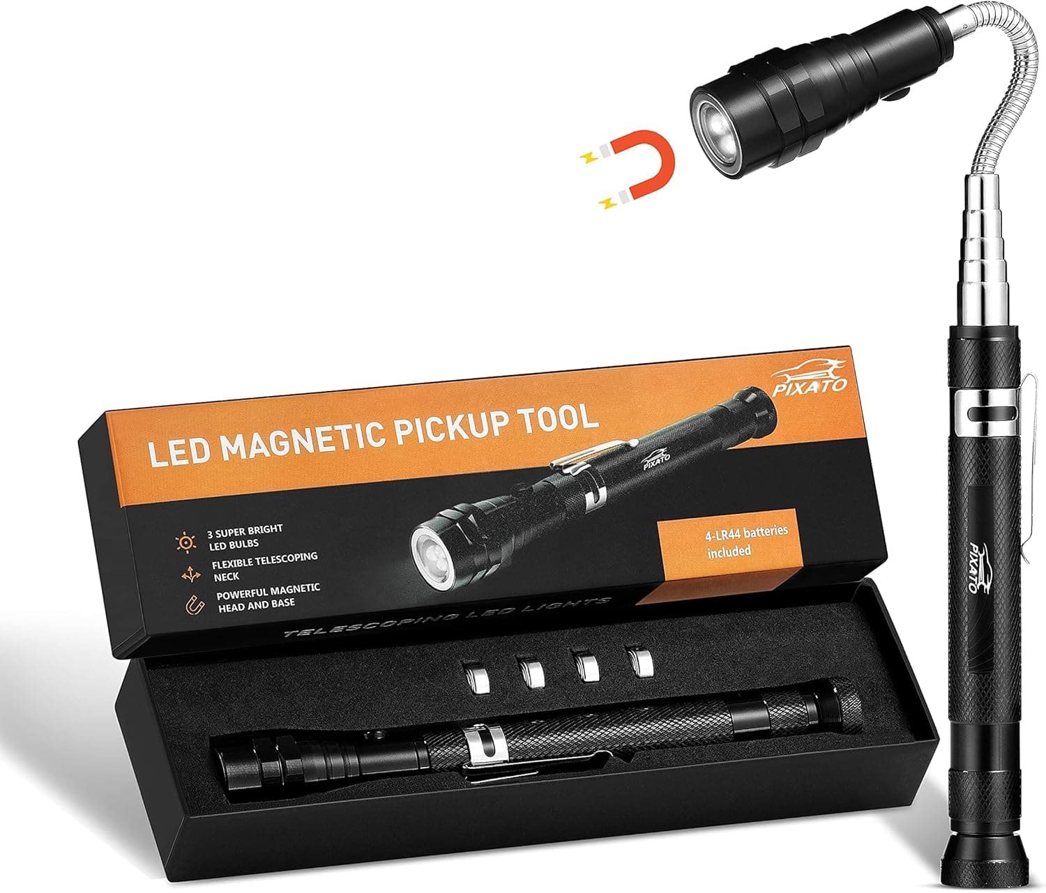 Pixato retractable magnetic pick-up tool, retractable flashlight, magnetic pick-up tool,best gift for birthday, Halloween and Thanksgiving, essential for family toolbox, 3 times brighter LED light