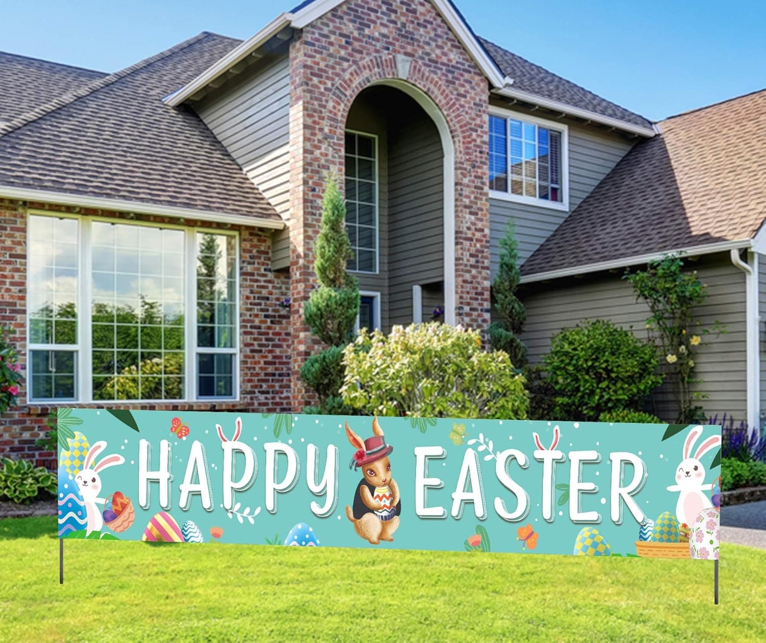 Large Happy Easter Banner, Bunny Easter Yard Sign, Spring Easter Rabbit Decorations for Outdoor & Home(9.8 X 1.6 Feet)