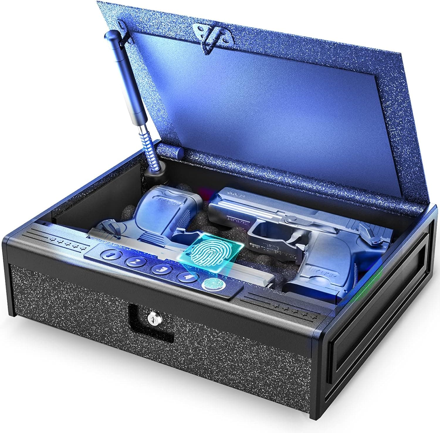 Riddost Gun Safe for Pistols, Quick Access Biometric Gun Safe with LED Light and Auto-Open Lid, Safety Rope, Silent Mode, Pistol Safe for Home Bedside Nightstand Car